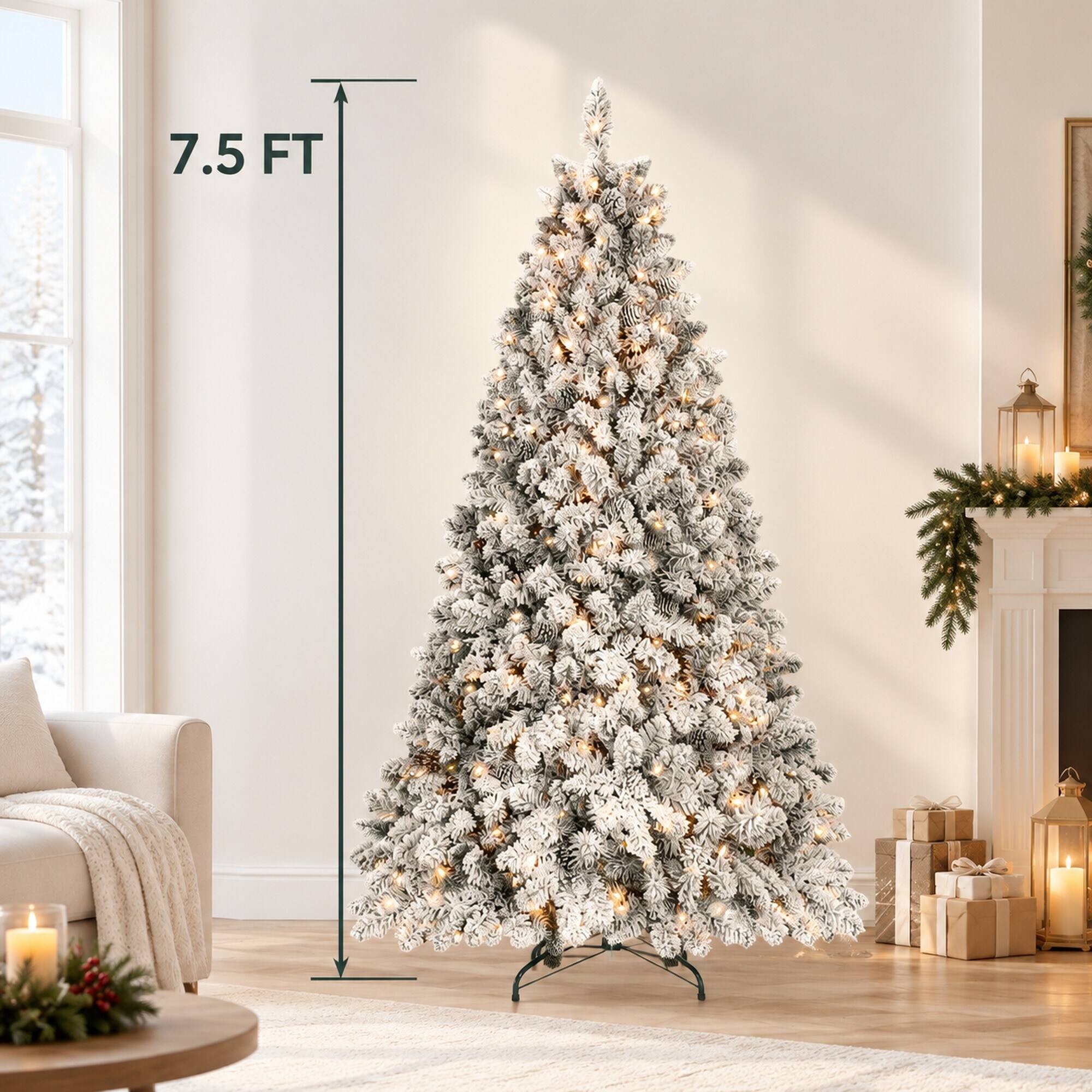 Alt View 3. RYHNUYNE - 9 Ft Flocked Snowy Artificial Christmas Tree With 850 Warm Lights, 63 Pine Cones 2240 Tips Metal Stand Decor - Green,White.