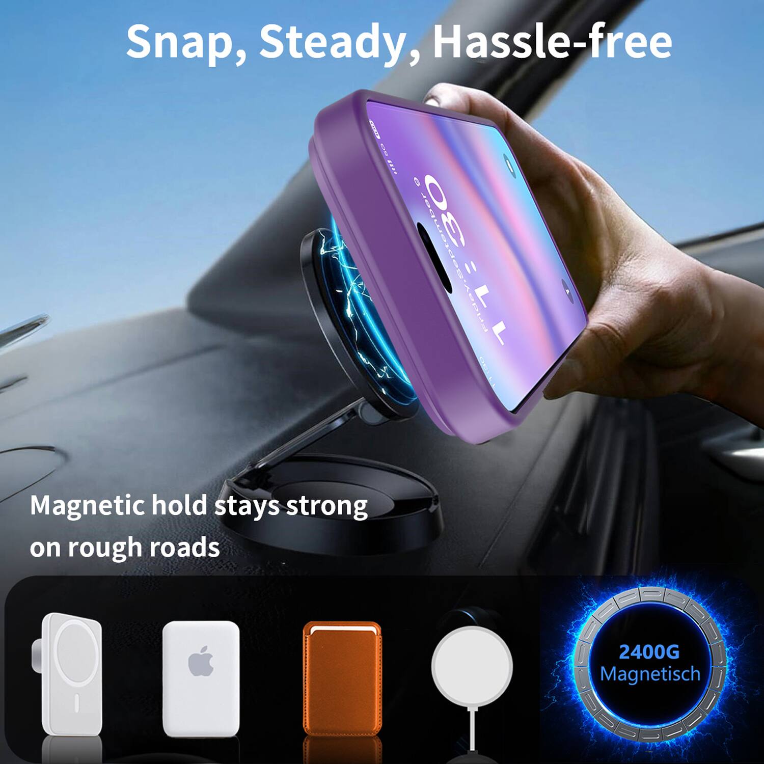 Snap, Steady, Hassle-free

Magnetic hold stays strong on rough roads

2400G Magnetisch