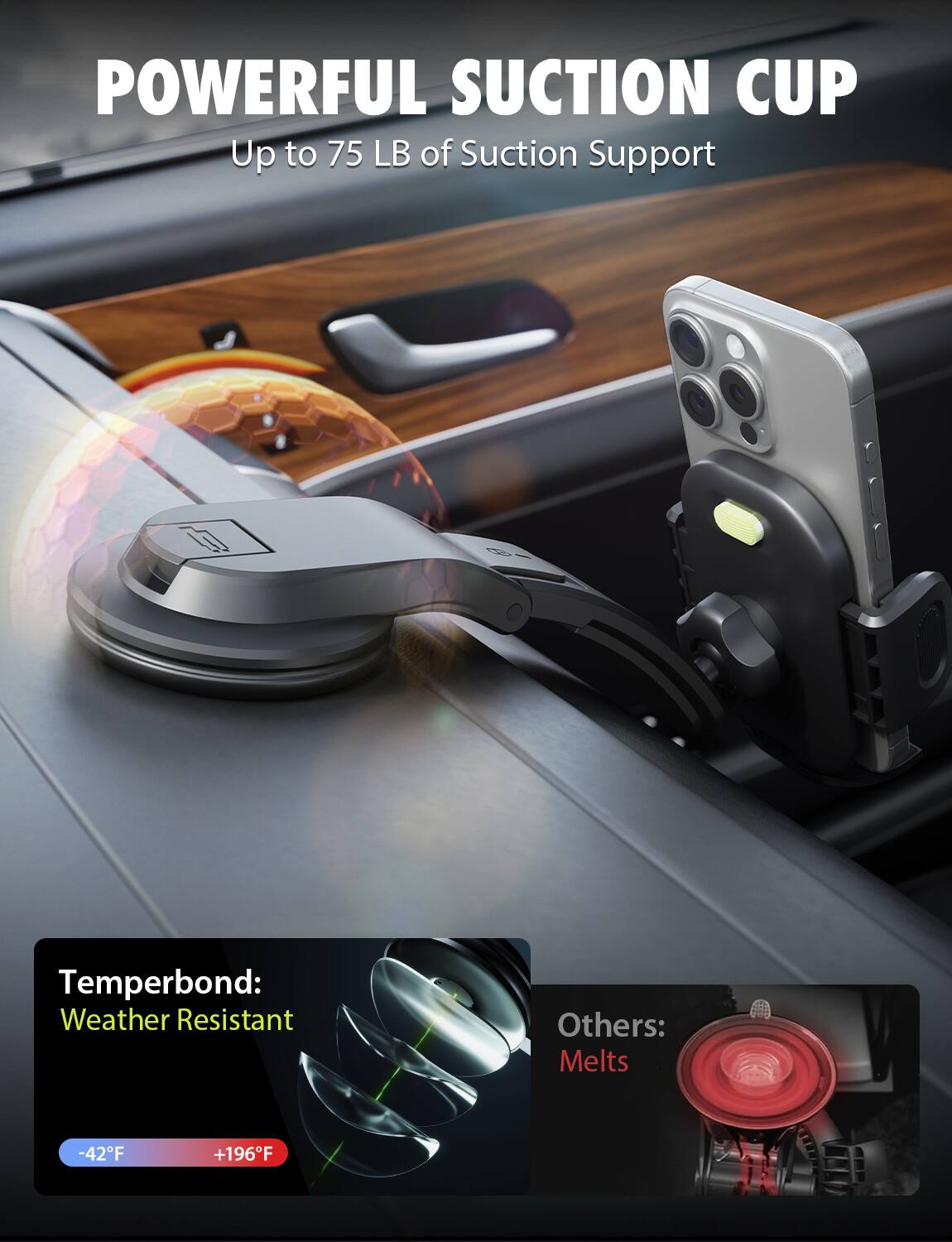 POWERFUL SUCTION CUP  
Up to 75 LB of Suction Support  

Temperbond:  
Weather Resistant  

Others:  
Melts  

-42°F  
+196°F