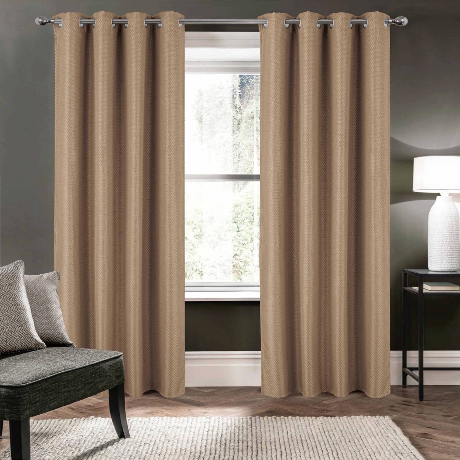 Angle. Olivia Gray - Olivia Gray 100% Polyester 250 GSM Basket Weave Ian Luxury Jacquard Blackout Grommet Curtain Panel 54" x 90" Taupe - Taupe.