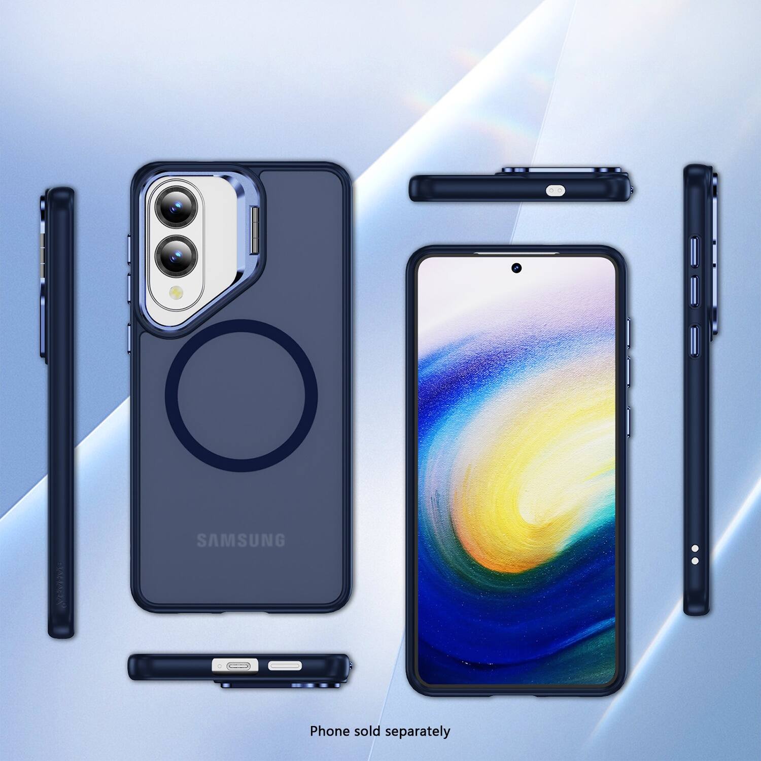 The image features a Samsung phone with a blue case, which is sold separately. The phone is displayed in various positions, including a close-up view of the front and back of the device. The case is also shown in different angles, highlighting its design and protection for the phone.