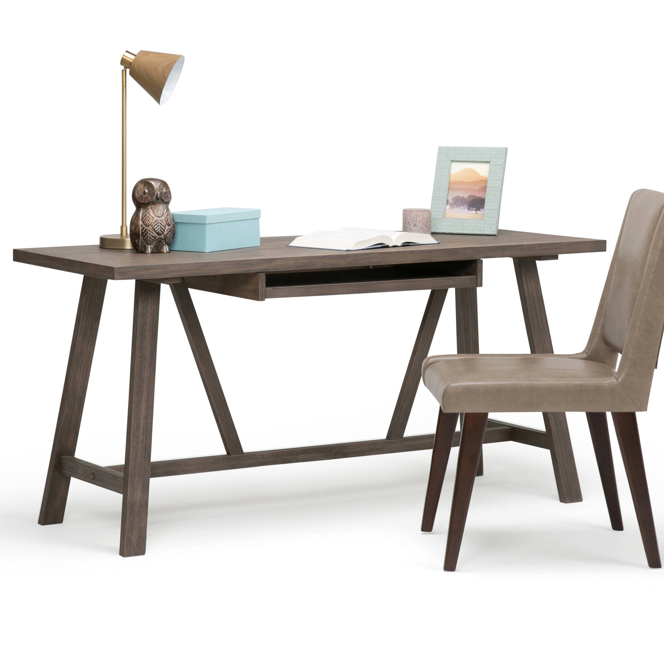 Spaco - Industrial Computer Desk, Solid Wood 60 Inch Driftwood Finish, Keyboard Tray, Trestle Desk, for Home Office - Dark Brown