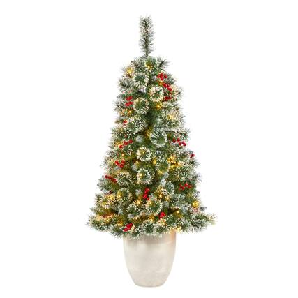 Front. BreeBe - 50" Frosted Swiss Pine Christmas Tree 100 LED in Planter - Green.