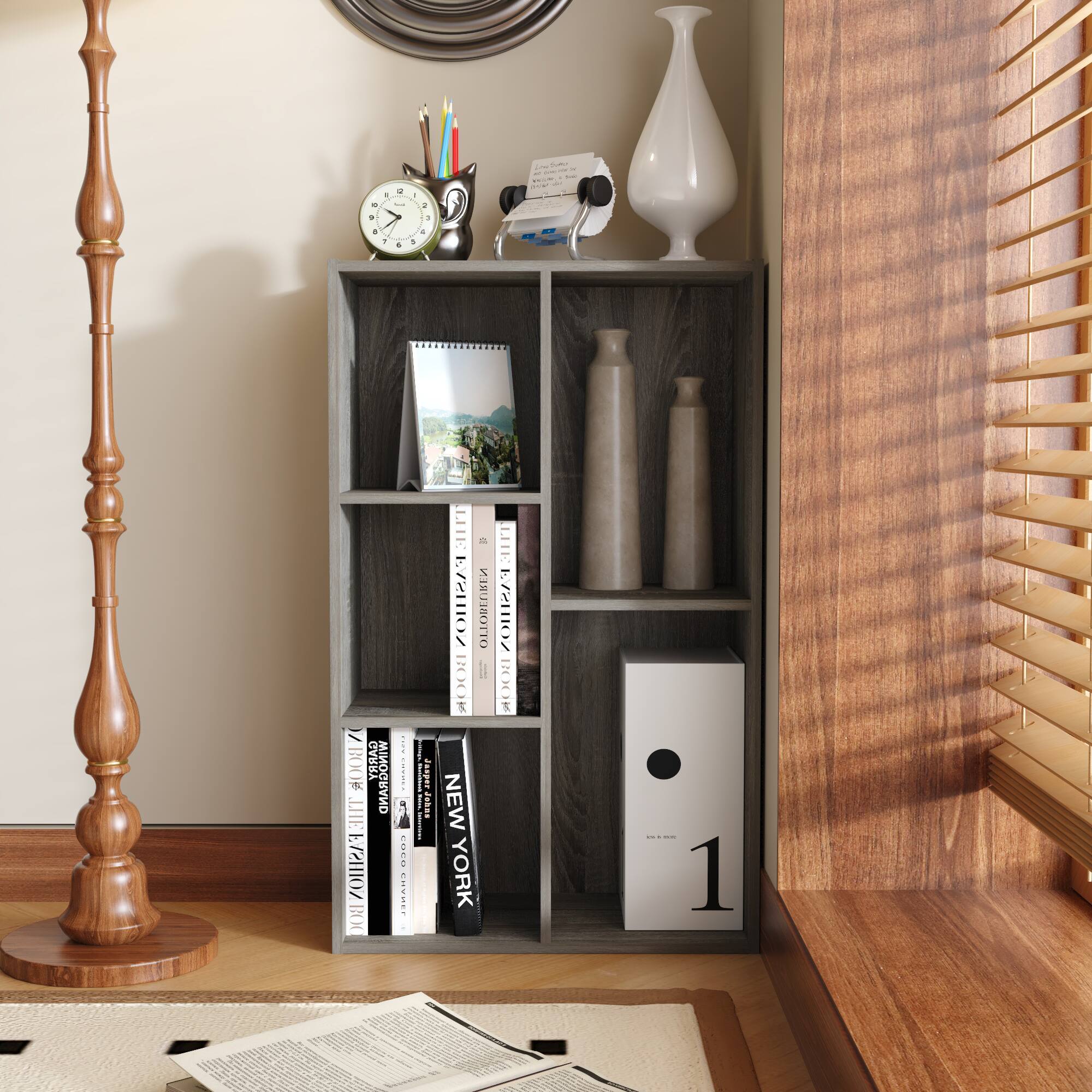 HOMLUX - 5-Cube 31.5" Wooden Reversible Bookcase Standing Bookshelf Storage Organizer Bookshelves for Office Living Room - Gray