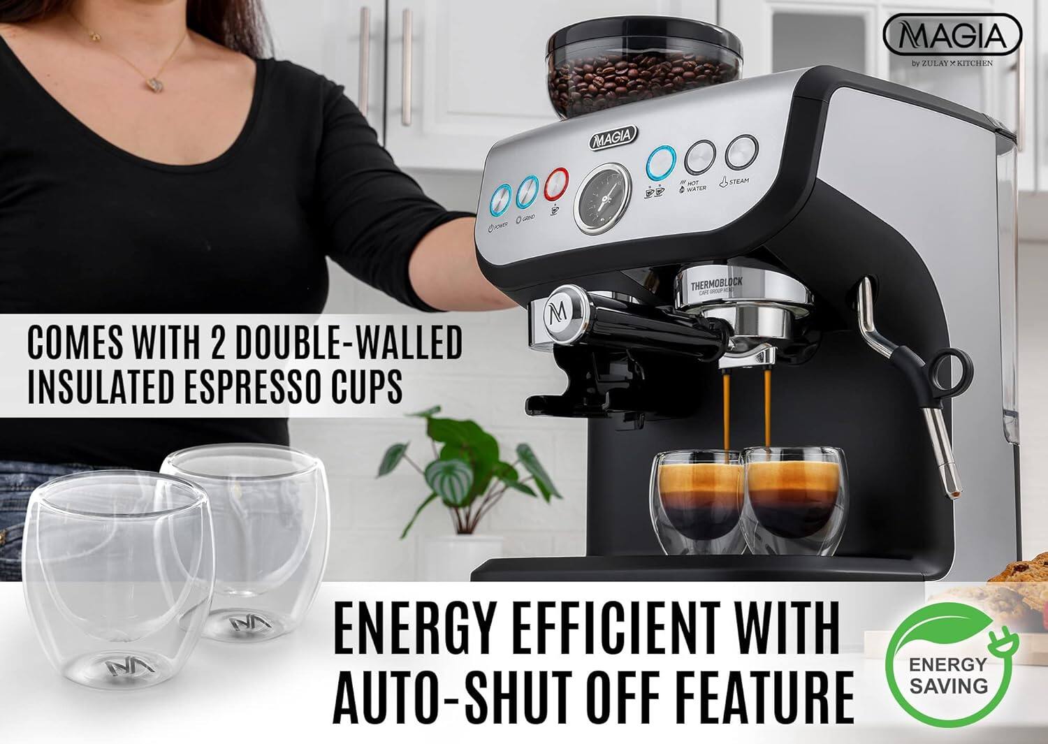 MAGIA by ZULAY x KITCHEN, MAGIA, Comes with 2 double-walled insulated espresso cups, Energy efficient with auto-shut off feature, Energy saving
