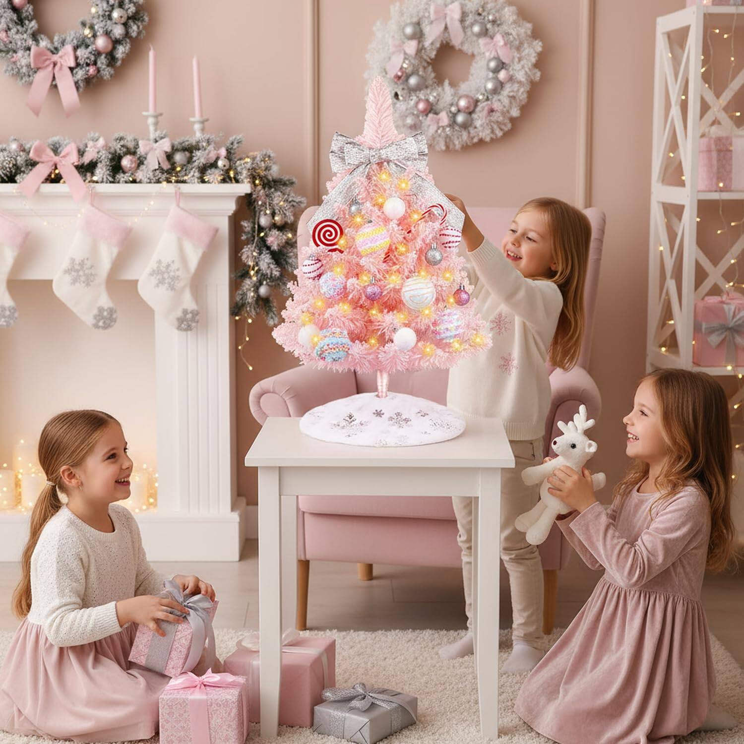 Alt View 2. Stylel Star - Mini Pink Christmas Tree with Lights, 2ft Artificial Small Table Top Christmas Tree with Bow, Ball Ornaments and... - Pink.