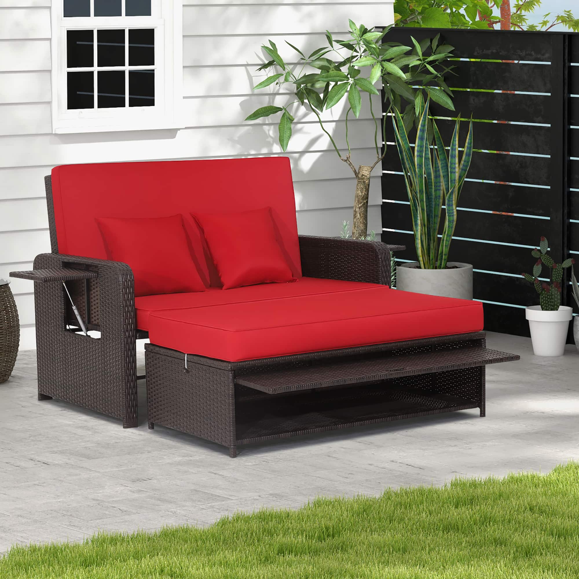 Costway - Patio Rattan Loveseat Set Daybed Lounge Storage Ottoman Side Tables Adjust - Red + Brown