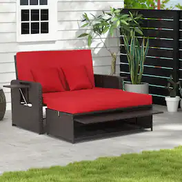Costway - Patio Rattan Loveseat Set Daybed Lounge Storage Ottoman Side Tables Adjust - Red + Brown