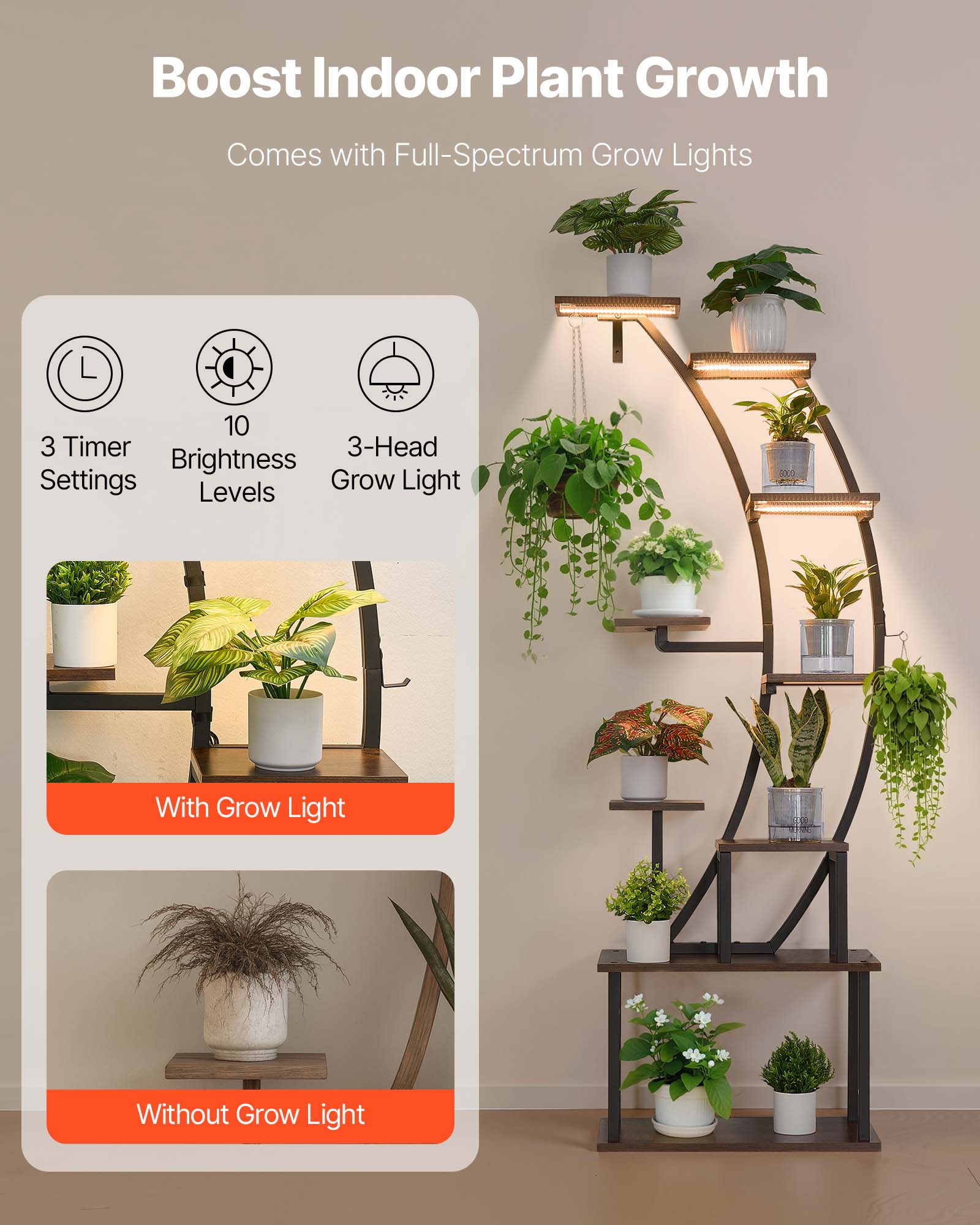 Boost Indoor Plant Growth  
Comes with Full-Spectrum Grow Lights  

- 3 Timer Settings  
- 10 Brightness Levels  
- 3-Head Grow Light  

With Grow Light  
Without Grow Light