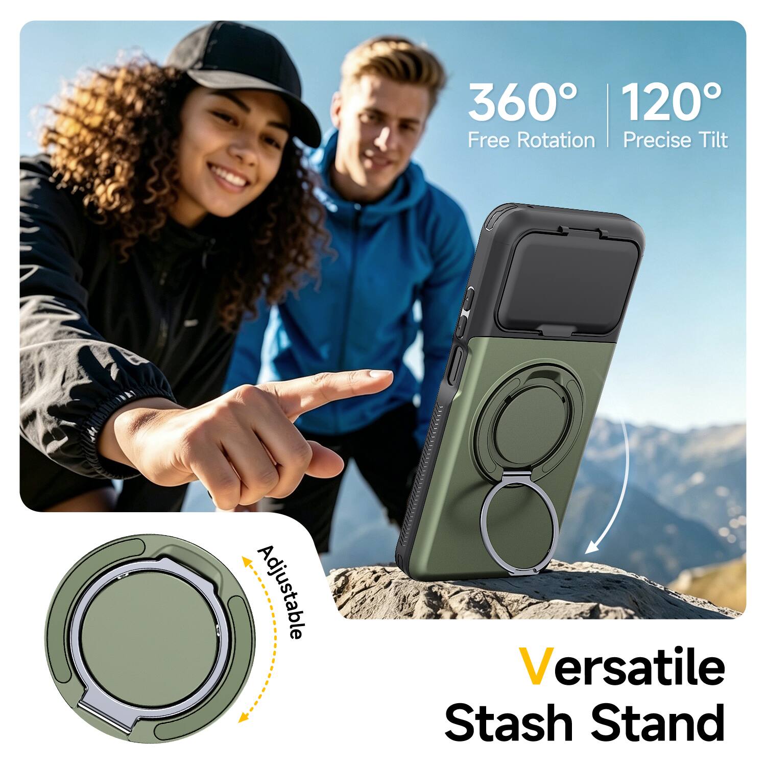 360° Free Rotation  
120° Precise Tilt  
Adjustable  
Versatile Stash Stand