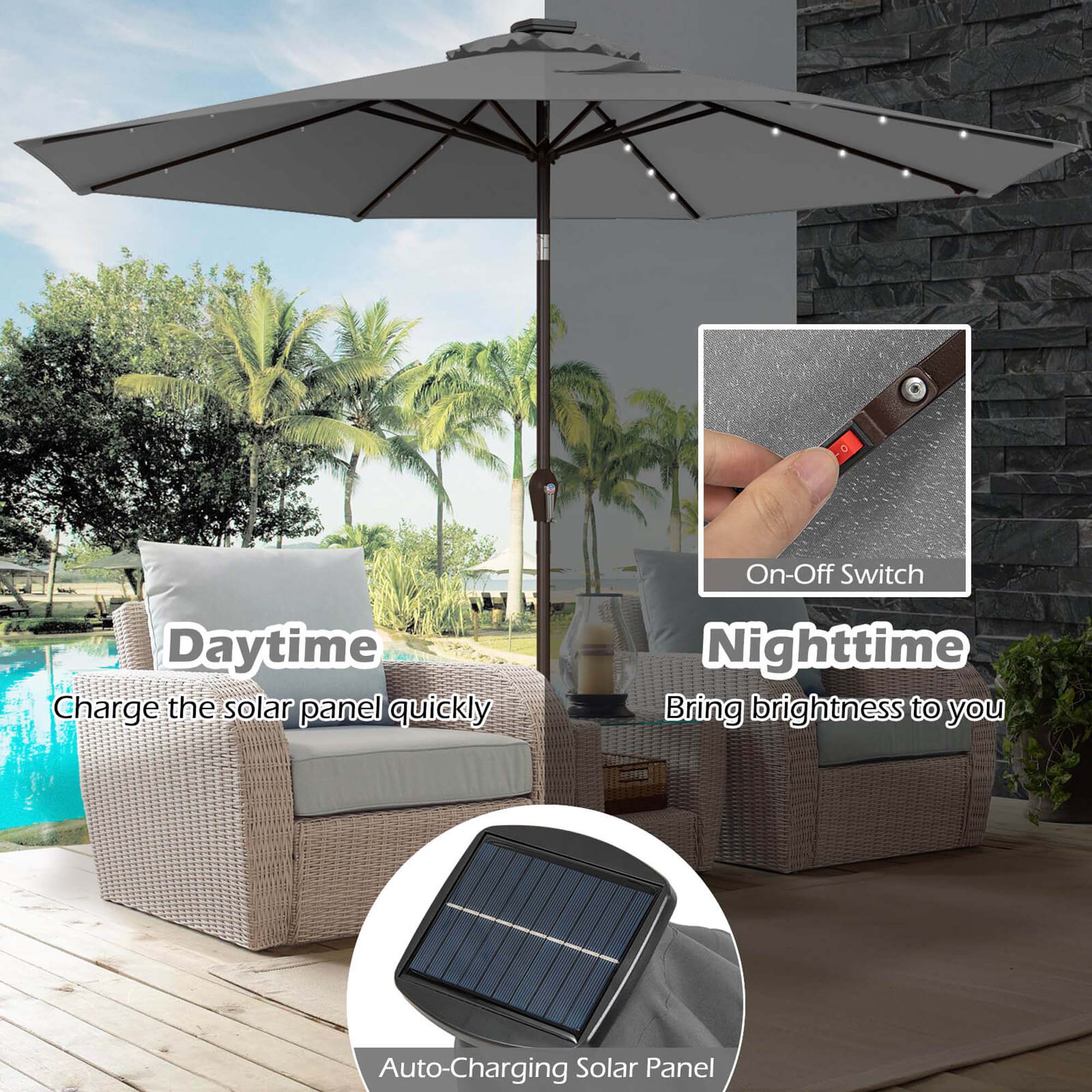 On-Off Switch: The image features an umbrella with an on-off switch, allowing users to control the charging of the solar panel.

Daytime Charge the solar panel quickly: The solar panel is designed to charge quickly during daytime hours, making it an efficient choice for outdoor activities.

Nighttime: The solar panel is also equipped to provide brightness during nighttime hours, ensuring that users have adequate lighting even after the sun has set.

Auto-Charging Solar Panel: The solar panel is an auto-charging device, which means it can charge itself using solar energy, making it a convenient and eco-friendly option for outdoor enthusiasts.
