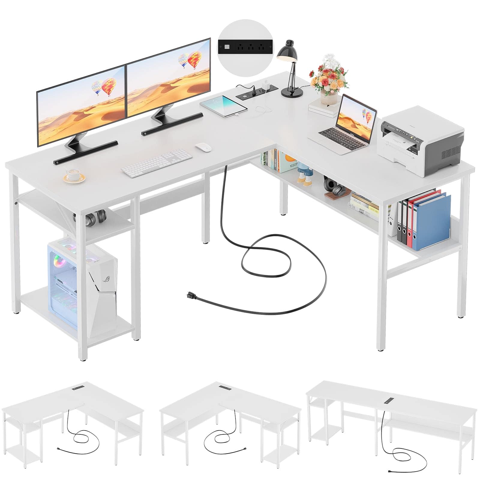 Aheaplus - Reversible Corner Desk with Power Outlets & USB Ports, Storage Shelves for Gaming & Home Office, Easy Assembly - White