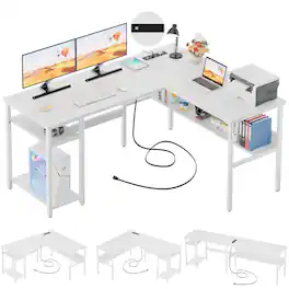 Aheaplus - Reversible Corner Desk with Power Outlets & USB Ports, Storage Shelves for Gaming & Home Office, Easy Assembly - White