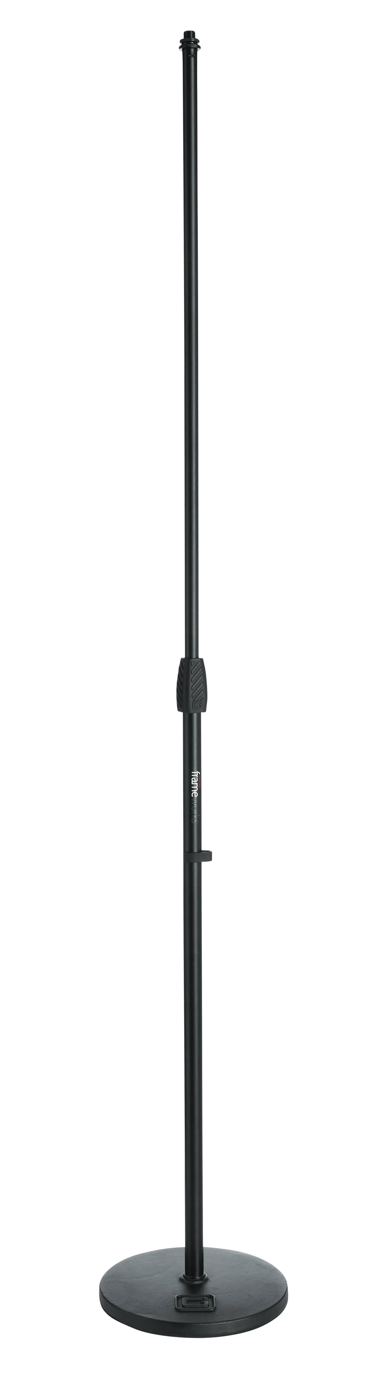 Front. Gator Frameworks - Standard Round Base Mic Stand w/ 10" Weighted Base, Adjustable Height 36–65", Cable Management & Soft Grip Twist Clutch - Black.