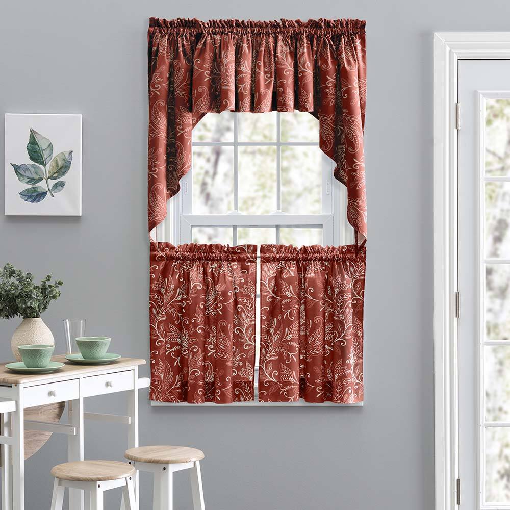 Angle. Ellis Curtain - Ellis Curtain Lexington Leaf Pattern on Colored Ground Tailored Swags 56"x36" Brick - Brick.