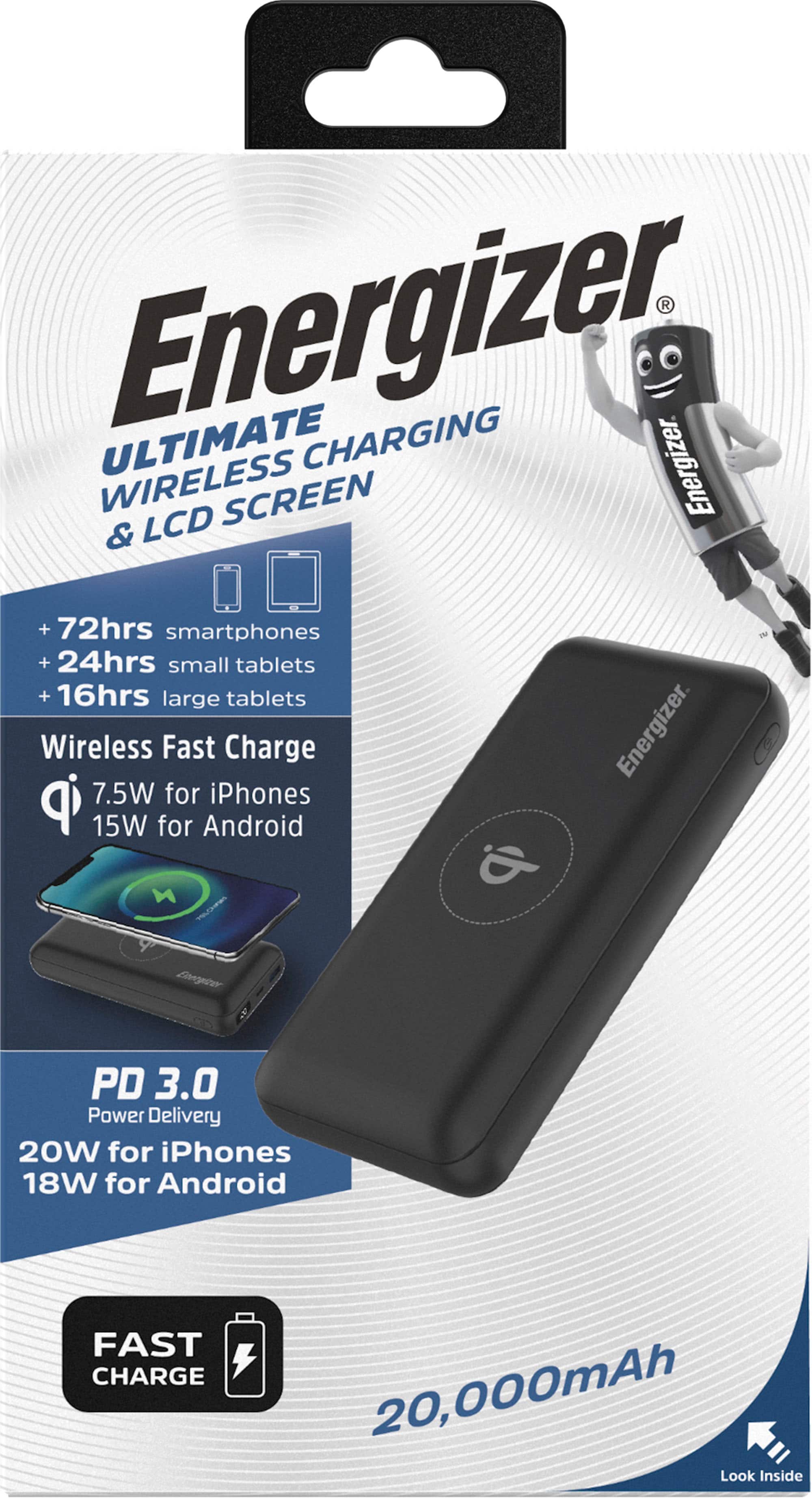 Alt View 11. Energizer - Ultimate Lithium 20,000 mAh 20W USB-C PD & 15W Qi Wireless 4-Port Portable Battery Charger Power Bank with LCD Display - Black.
