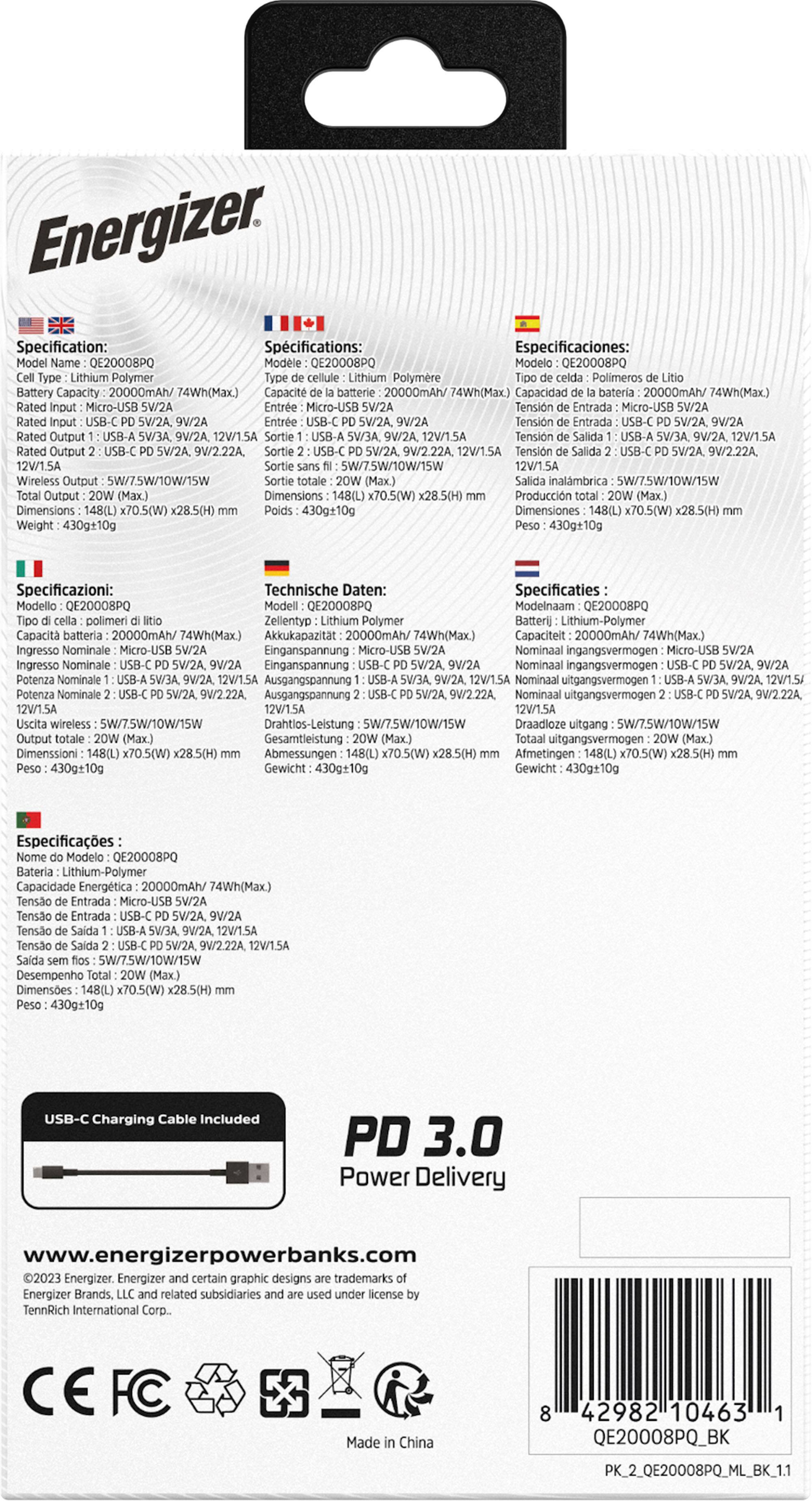 Alt View 12. Energizer - Ultimate Lithium 20,000 mAh 20W USB-C PD & 15W Qi Wireless 4-Port Portable Battery Charger Power Bank with LCD Display - Black.