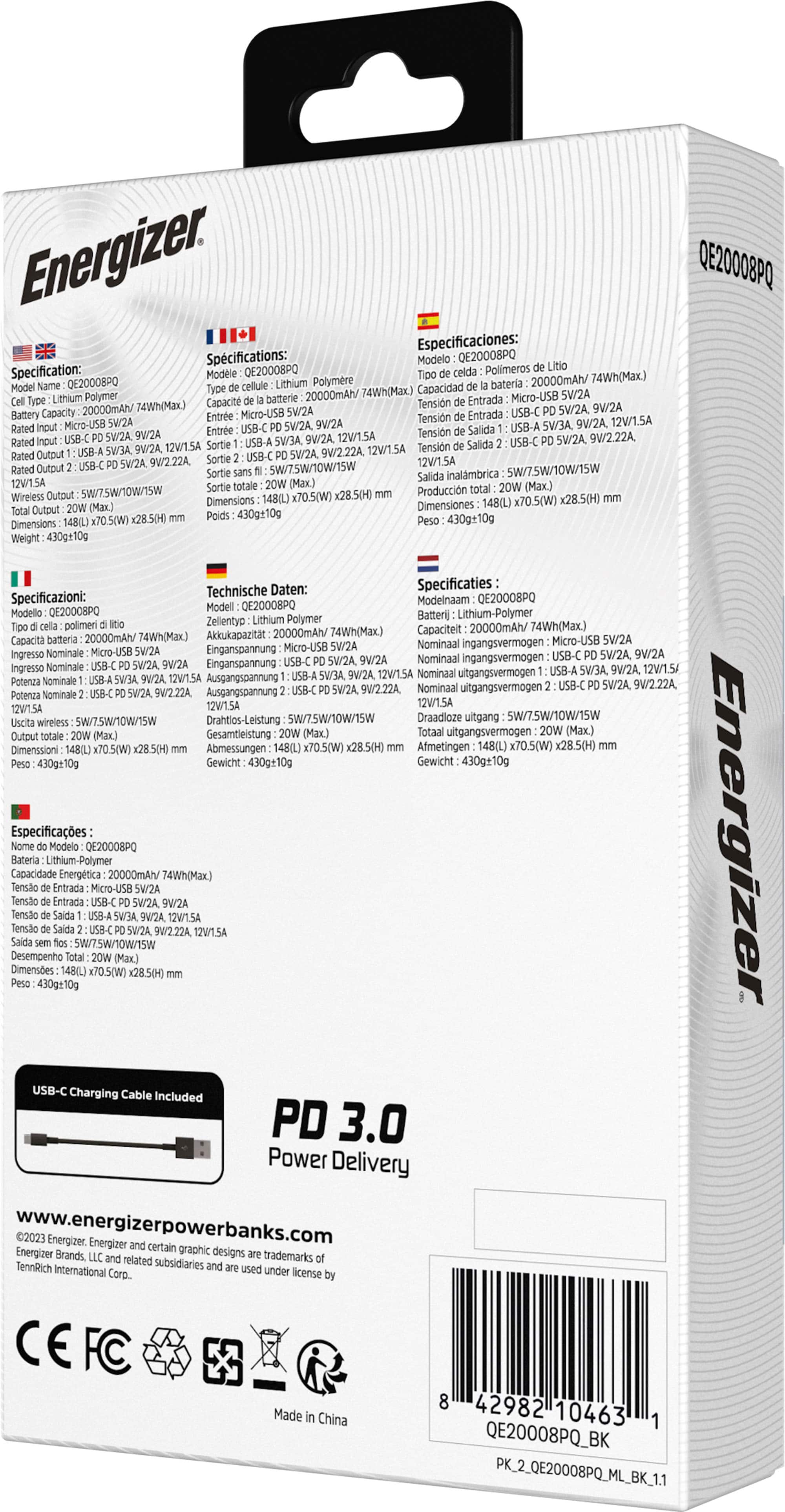 Alt View 14. Energizer - Ultimate Lithium 20,000 mAh 20W USB-C PD & 15W Qi Wireless 4-Port Portable Battery Charger Power Bank with LCD Display - Black.