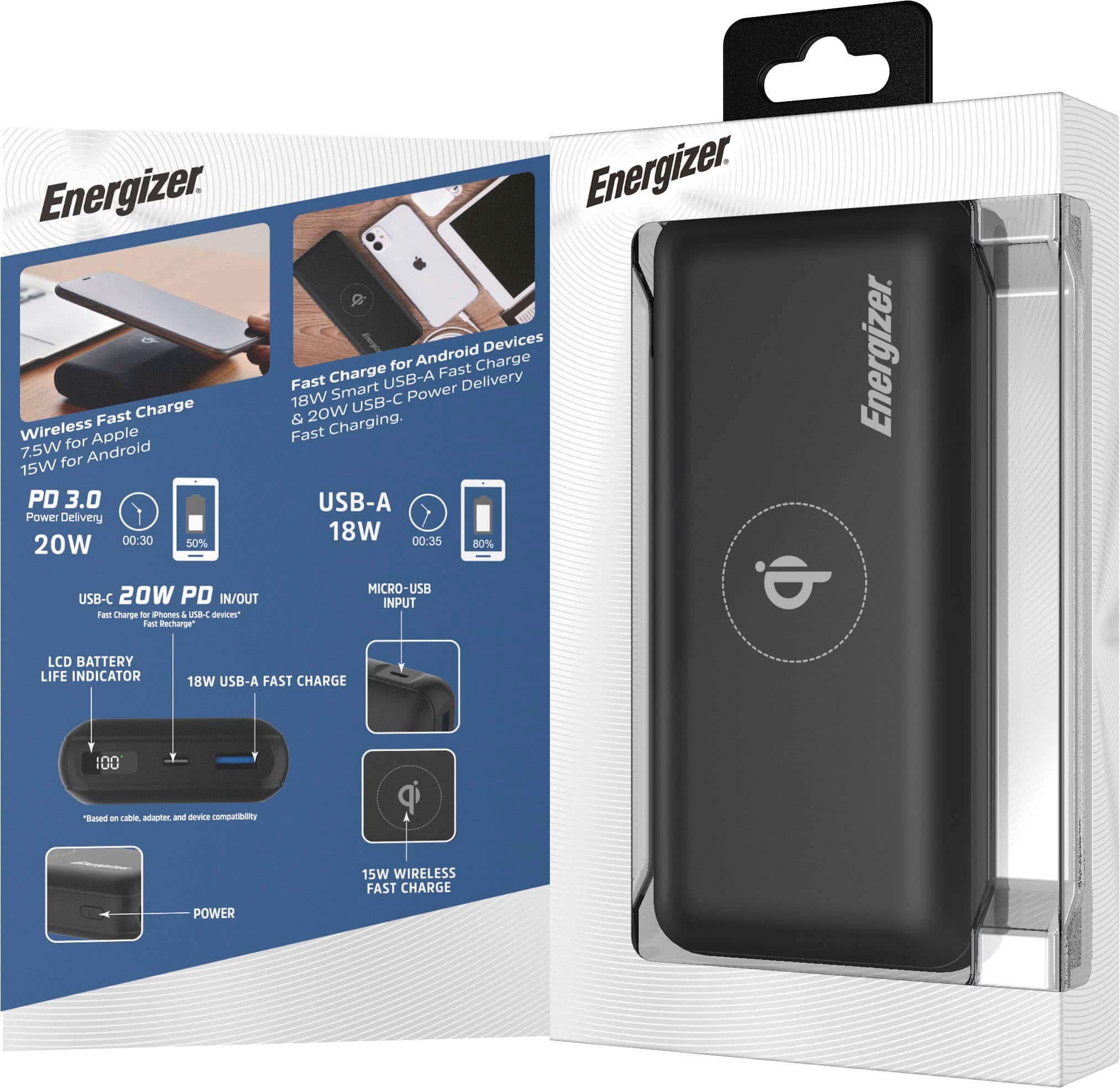 Alt View 15. Energizer - Ultimate Lithium 20,000 mAh 20W USB-C PD & 15W Qi Wireless 4-Port Portable Battery Charger Power Bank with LCD Display - Black.