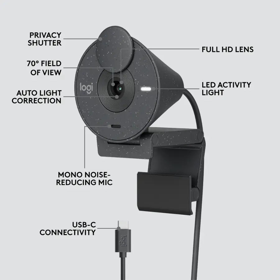 Privacy shutter, Full HD lens, 70 field of view, Auto light correction, LED activity light, Mono noise-reducing mic, USB-C connectivity.