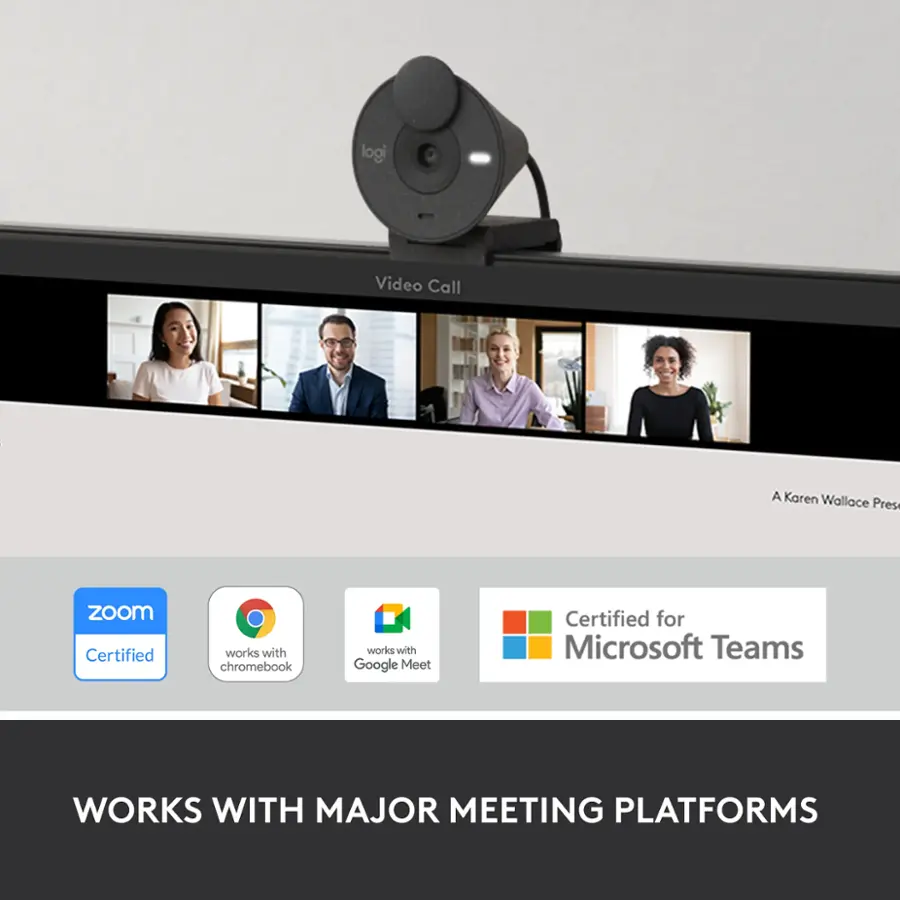 The text on the image reads: "Logi Video Call works with Chromebook, works with Google Meet, Certified for Microsoft Teams, works with major meeting platforms."