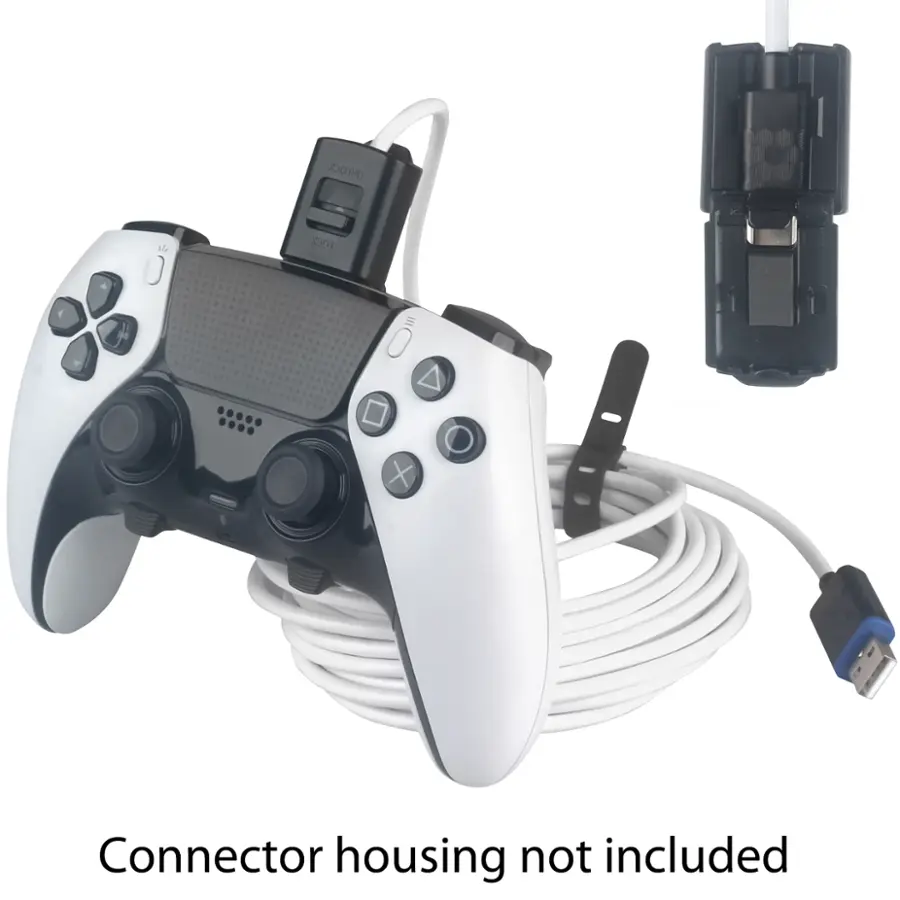 The image features a white PlayStation 4 controller with a black connector attached to it. The controller is connected to a white wire, and there is a black box nearby. The text "Connector housing not included" is displayed in the bottom right corner of the image.