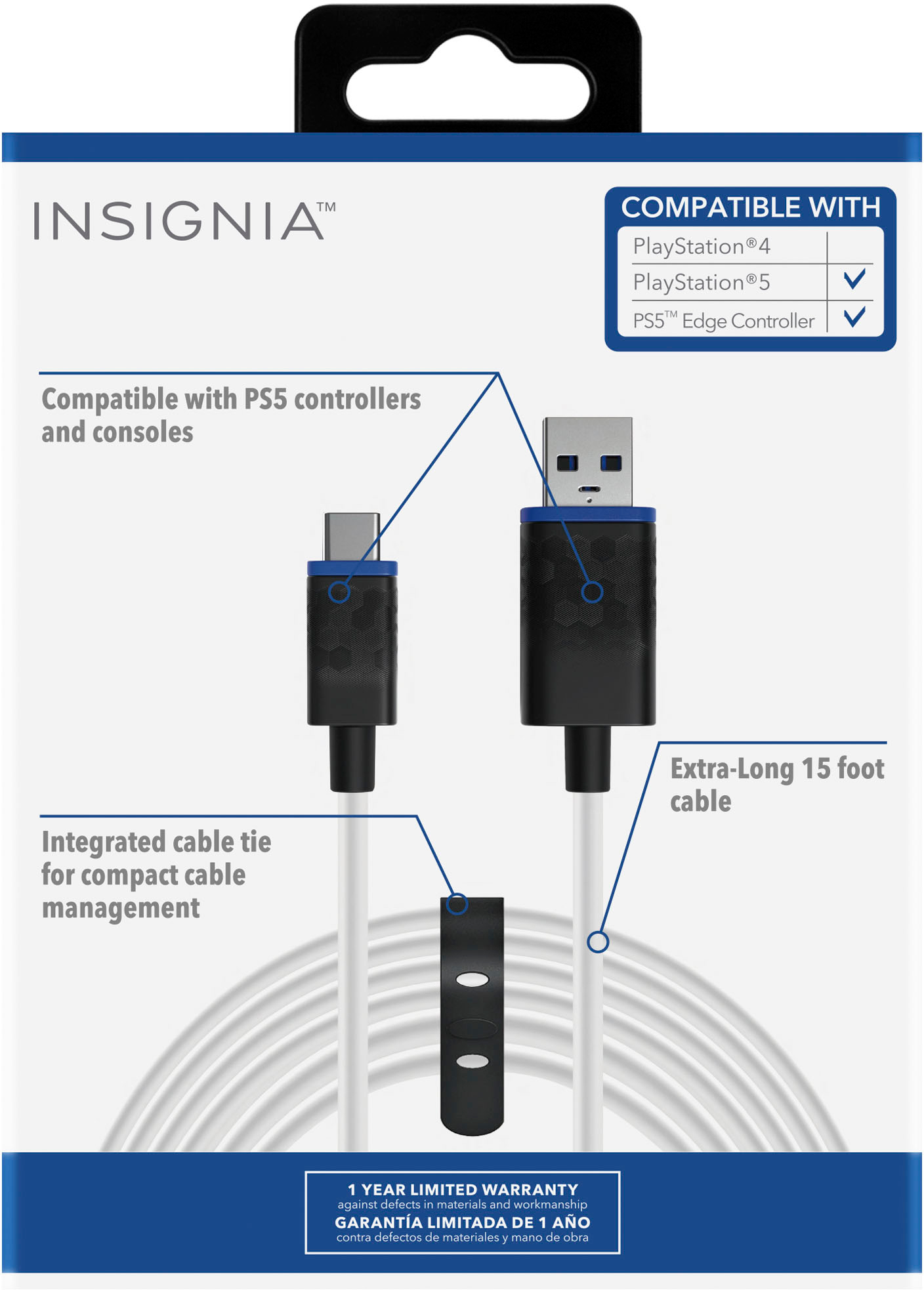 Insignia™ Extra-long 15' USB-C Charge and Play Cable for PlayStation 5  DualSense controllers and other USB devices White/Black/Blue NS-PS515PC4 -  Best Buy