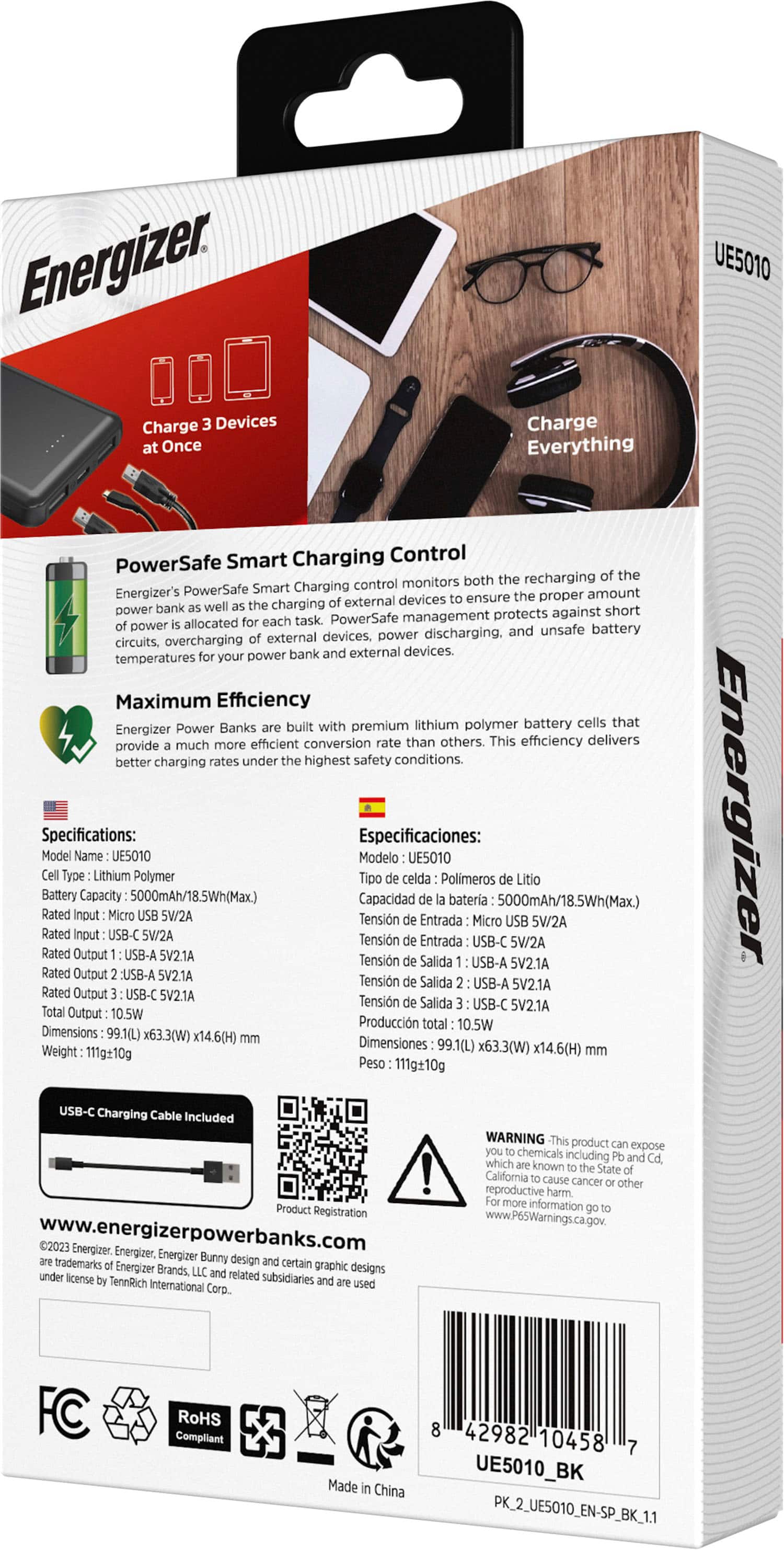 Alt View 14. Energizer - MAX 5,000 mAh Ultra-Slim, 3-Port USB-C High Speed Universal Portable Charger Power bank, Charges Three Devices at Once - Black.