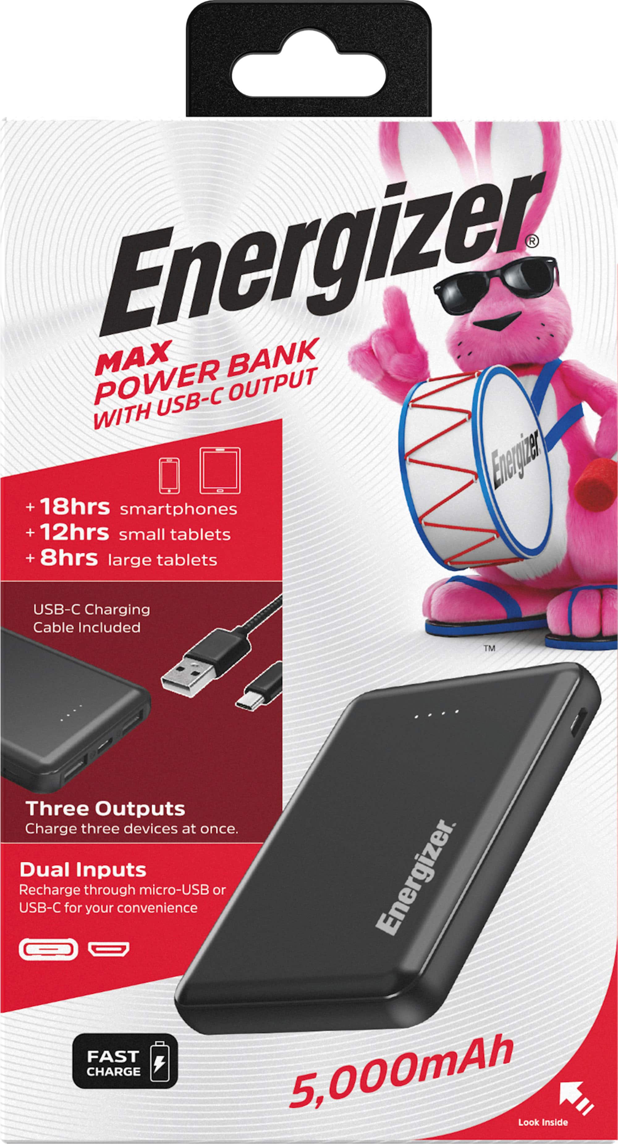 Alt View 3. Energizer - MAX 5,000 mAh Ultra-Slim, 3-Port USB-C High Speed Universal Portable Charger Power bank, Charges Three Devices at Once - Black.