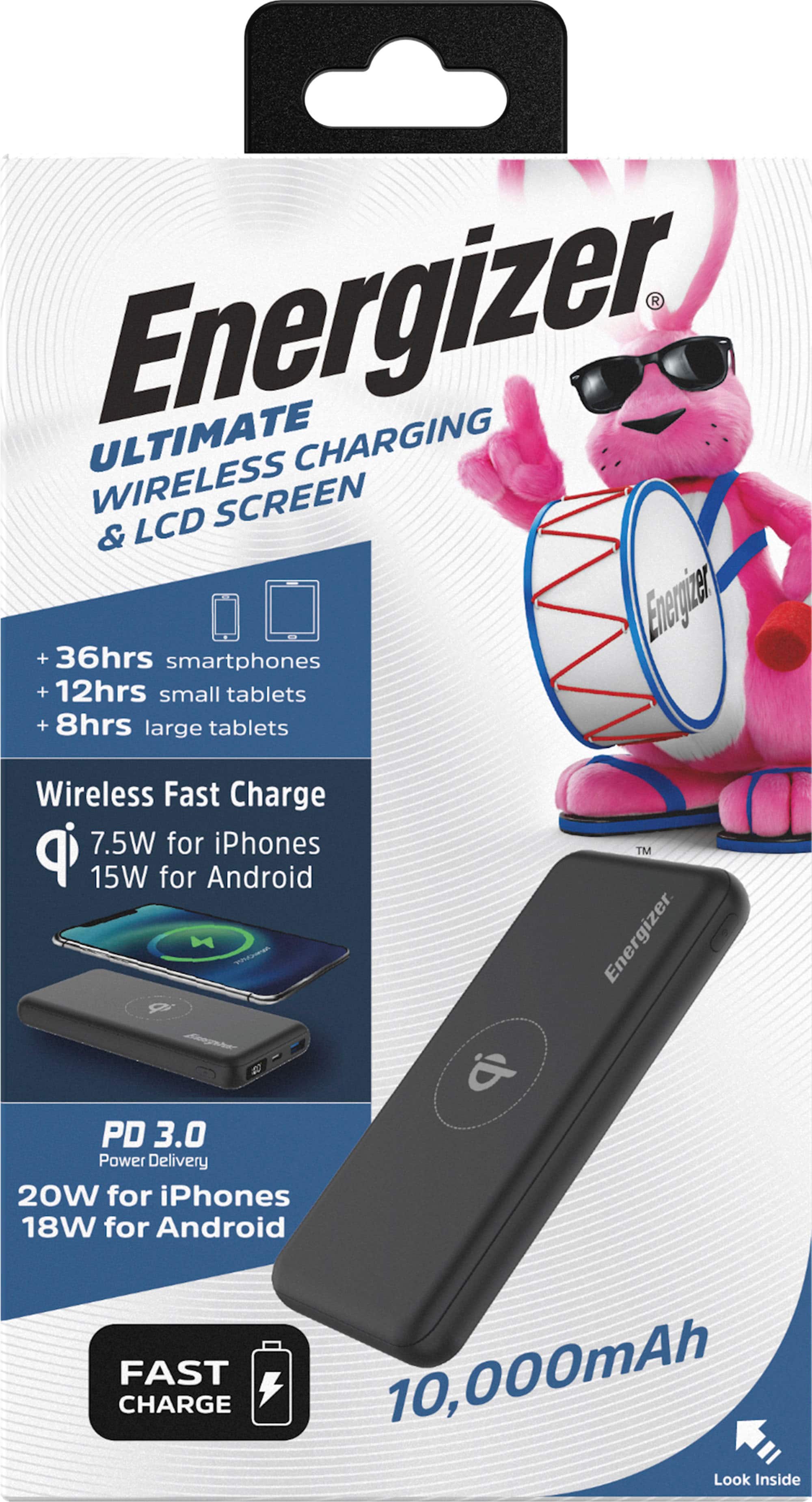 Alt View 11. Energizer - Ultimate Lithium 10,000 mAh 20W USB-C PD & 15W Qi Wireless 4-Port Portable Battery Charger Power Bank with LCD Display - Black.