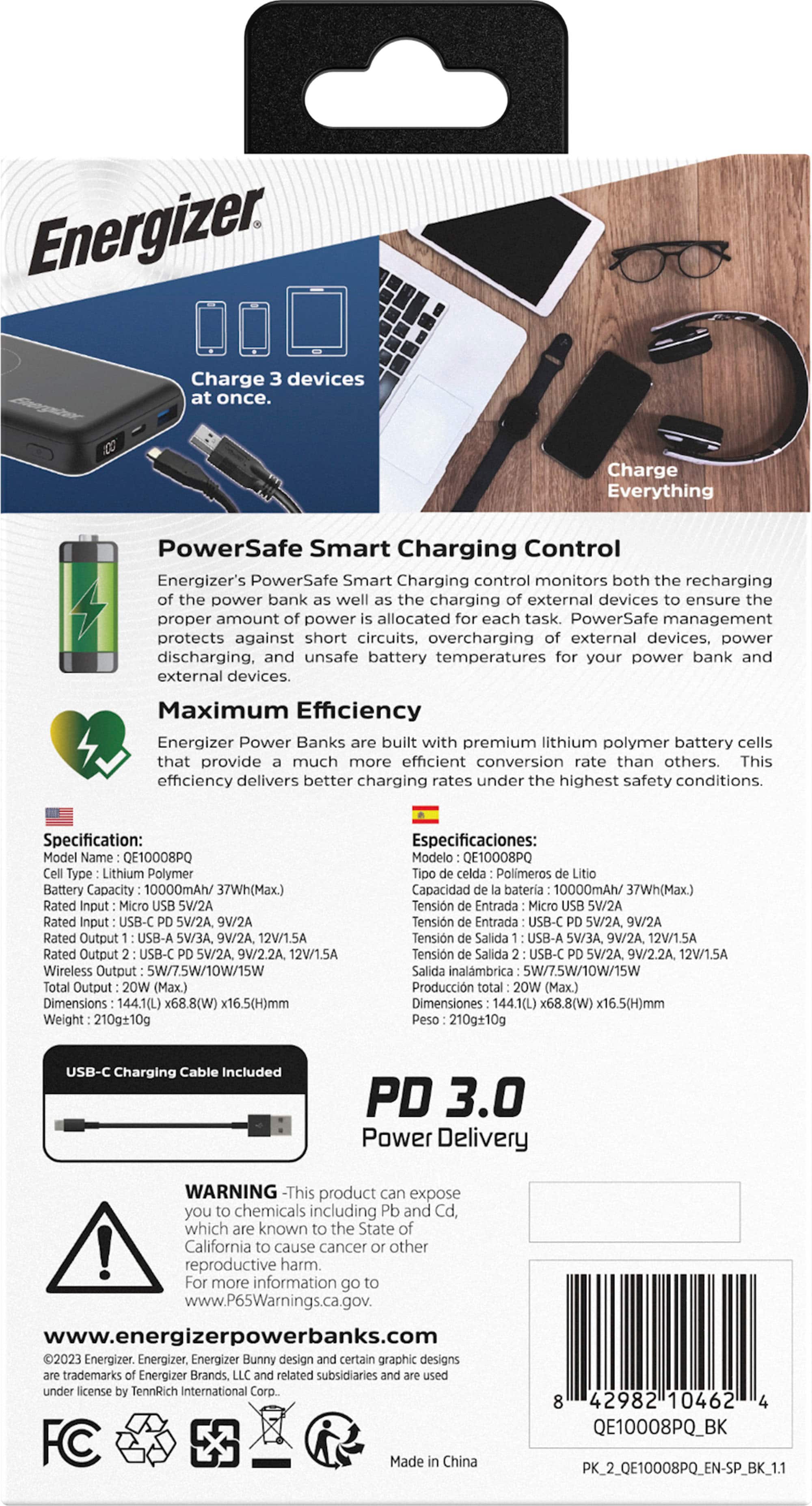 Alt View 12. Energizer - Ultimate Lithium 10,000 mAh 20W USB-C PD & 15W Qi Wireless 4-Port Portable Battery Charger Power Bank with LCD Display - Black.