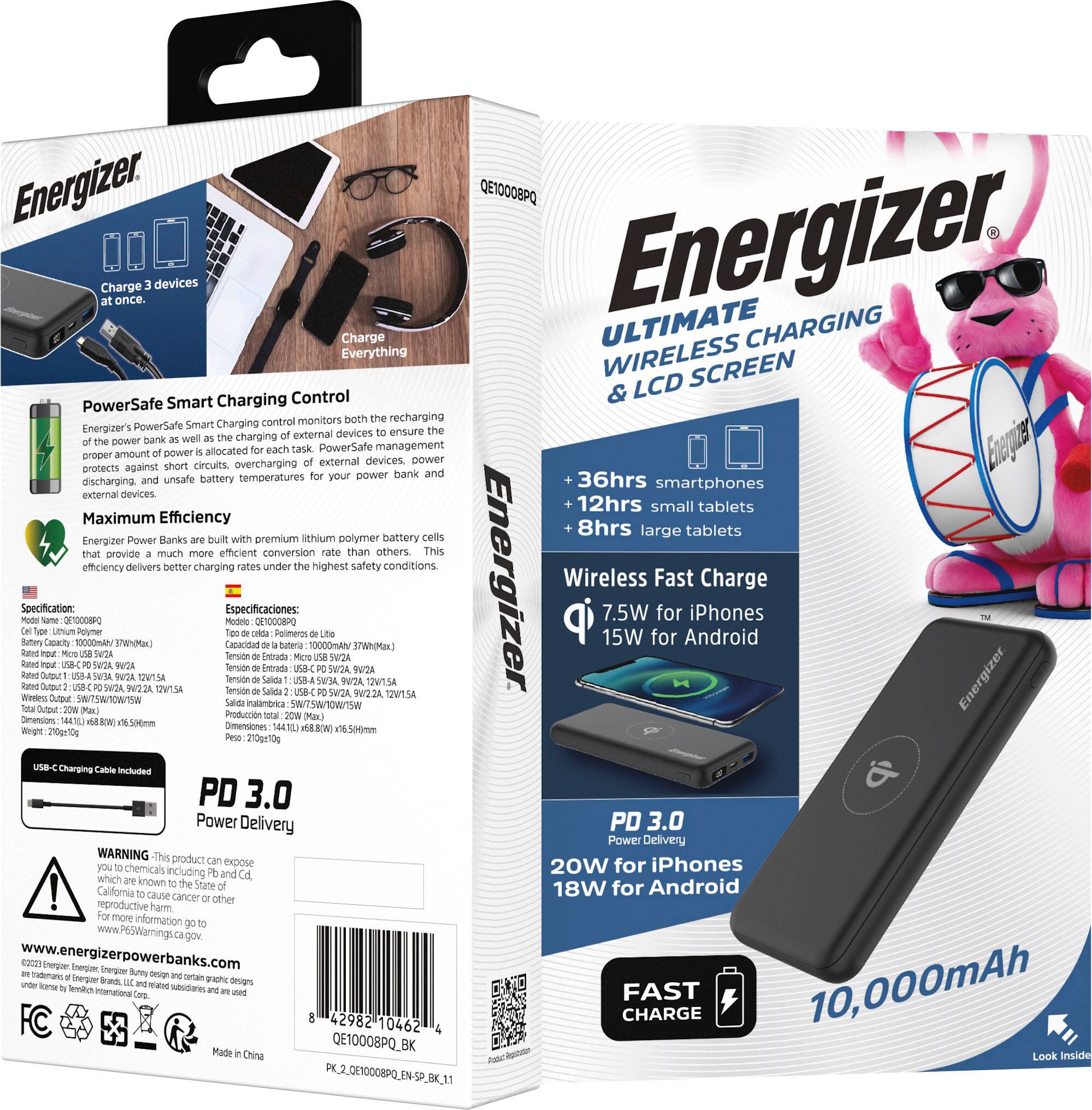 Alt View 13. Energizer - Ultimate Lithium 10,000 mAh 20W USB-C PD & 15W Qi Wireless 4-Port Portable Battery Charger Power Bank with LCD Display - Black.