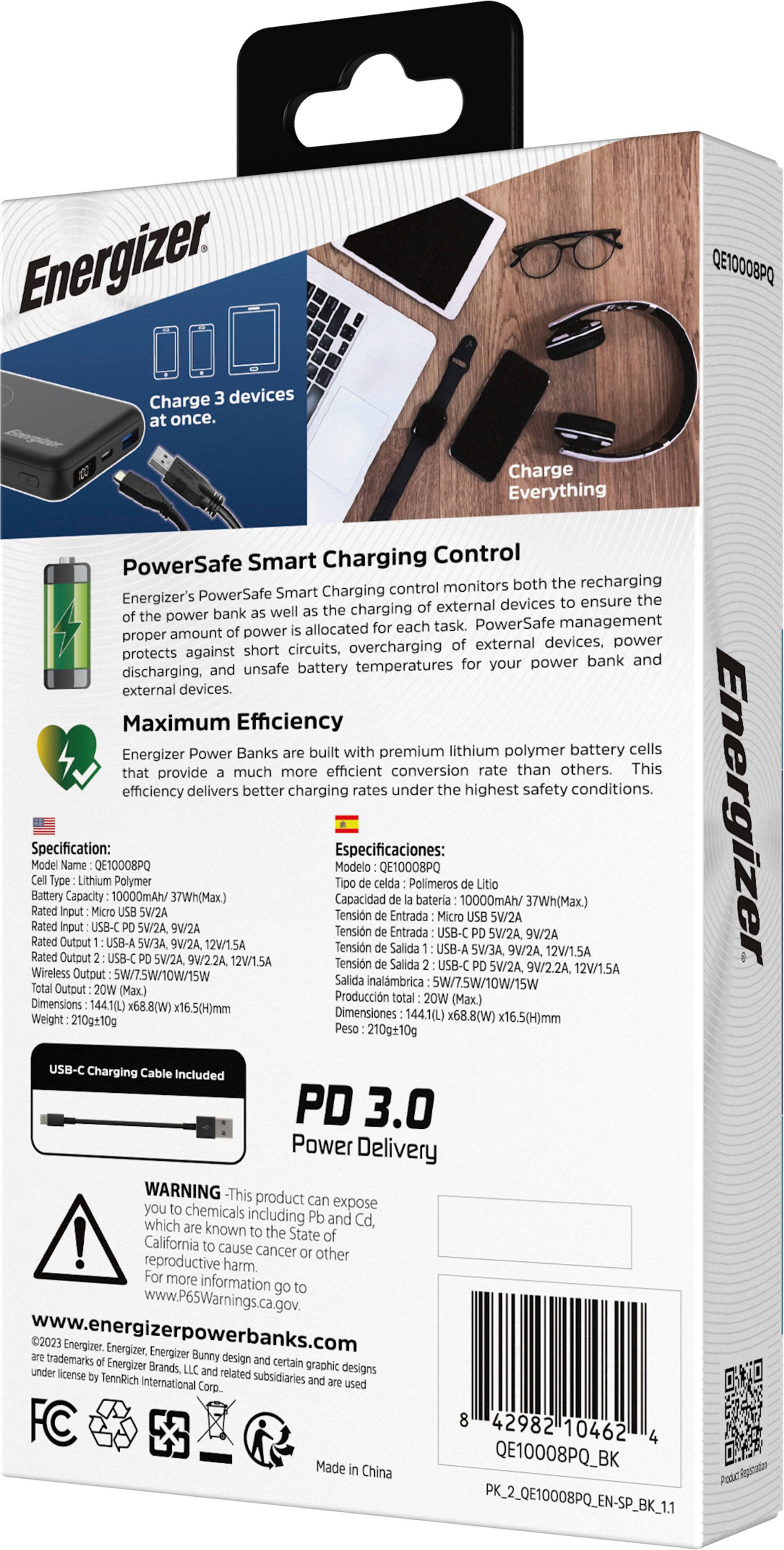 Alt View 14. Energizer - Ultimate Lithium 10,000 mAh 20W USB-C PD & 15W Qi Wireless 4-Port Portable Battery Charger Power Bank with LCD Display - Black.