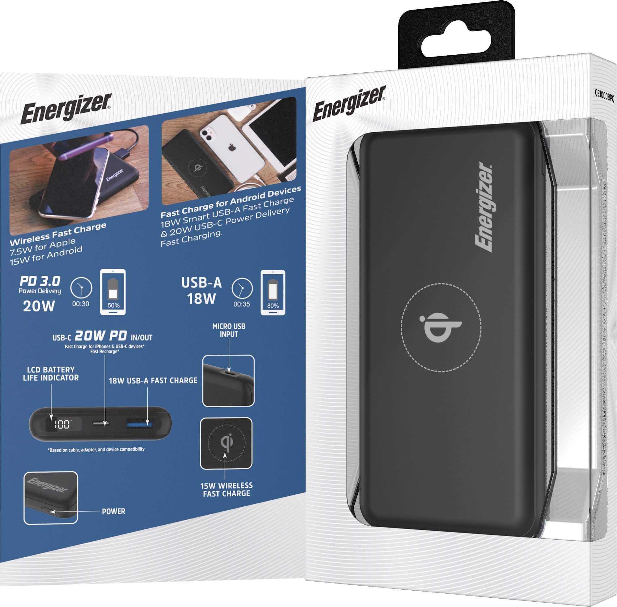 Alt View 15. Energizer - Ultimate Lithium 10,000 mAh 20W USB-C PD & 15W Qi Wireless 4-Port Portable Battery Charger Power Bank with LCD Display - Black.