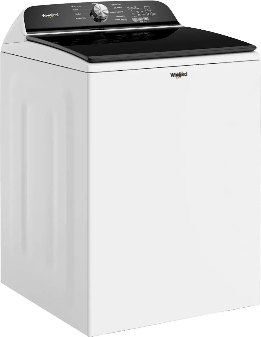 The image features two white Whirlpool washing machines, one of which is a dryer. They are both placed side by side, with the dryer on the right and the washer on the left. The dryer has a glass door, while the washer has a regular door. The machines are both white and appear to be in good condition.