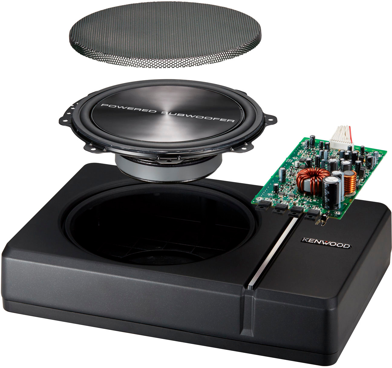 Left View: KENWOOD -Compact 8" Subwoofer with Enclosure and integrated 250W Amplifier - Black