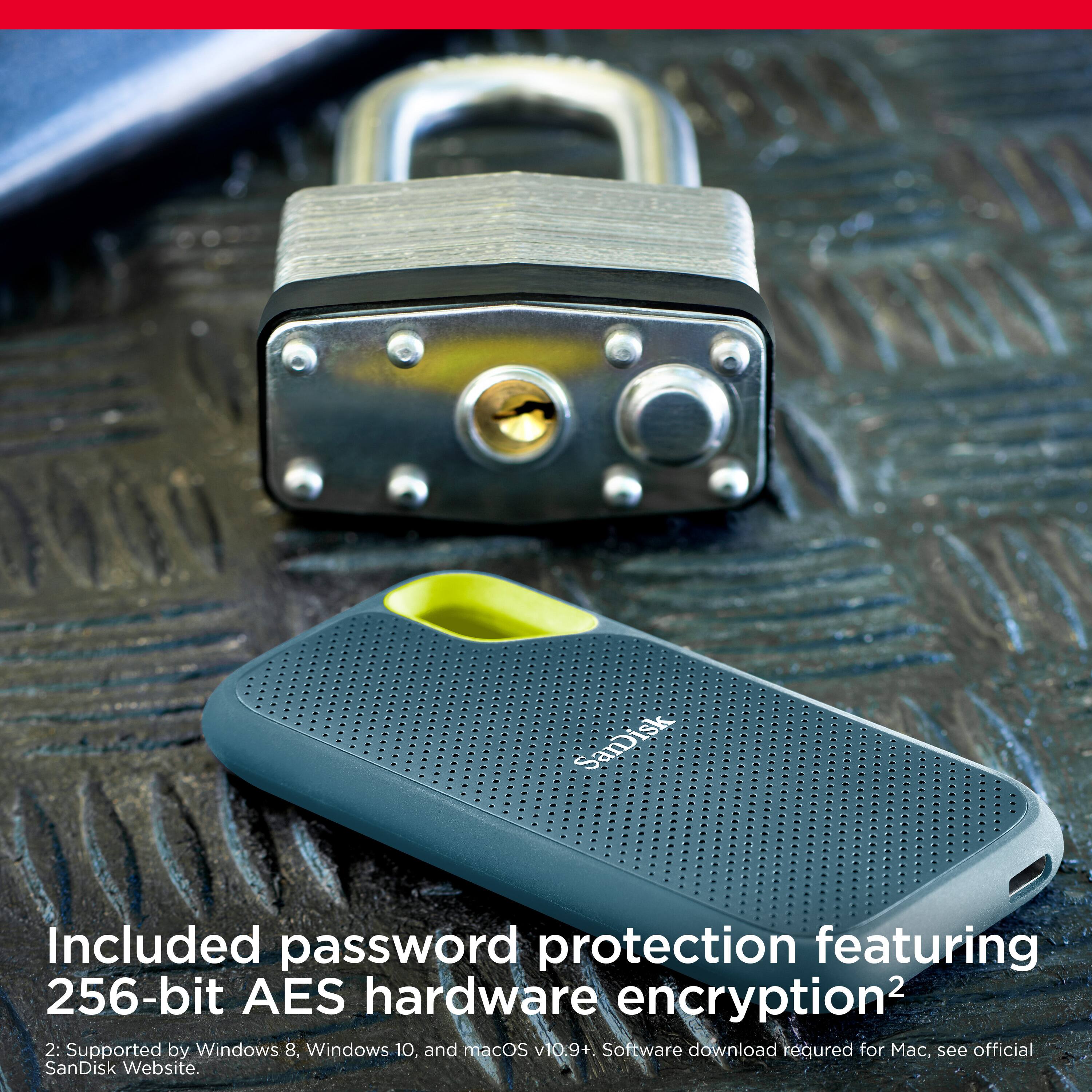 SanDisk Included password protection featuring 256-bit AES hardware encryption. Supported by Windows 8, Windows 10, and macOS VIO 9+. Software download required for use, see official SanDisk Website.