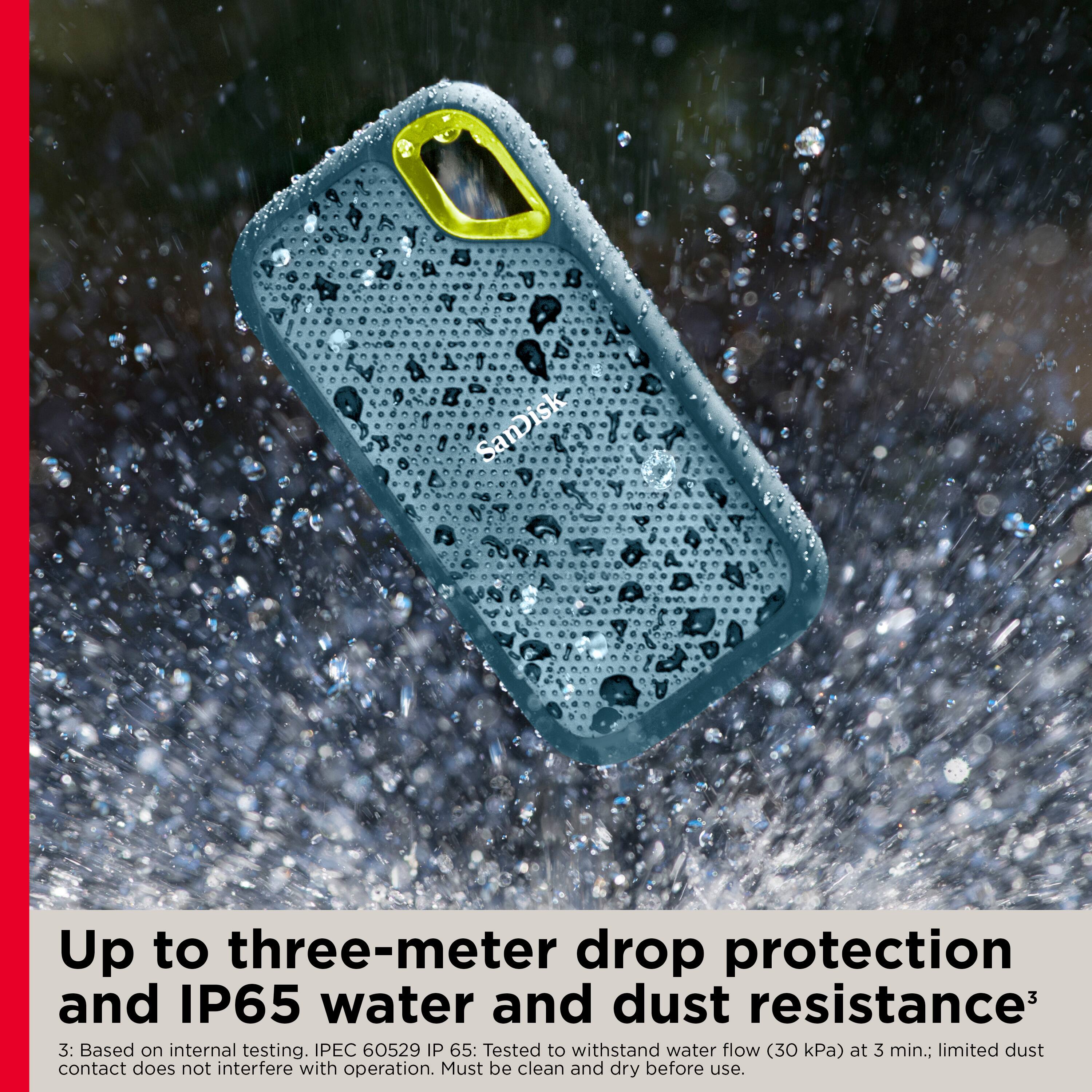 The text on the image reads: "SanDisk Up to three-meter drop protection and IP65 water and dust resistance 3: Based on internal testing. PEC 60529 IP 65: Tested to withstand water flow (30 kPa) at 3 min.; limited dust contact does not interfere with operation. Must be clean and dry before use."