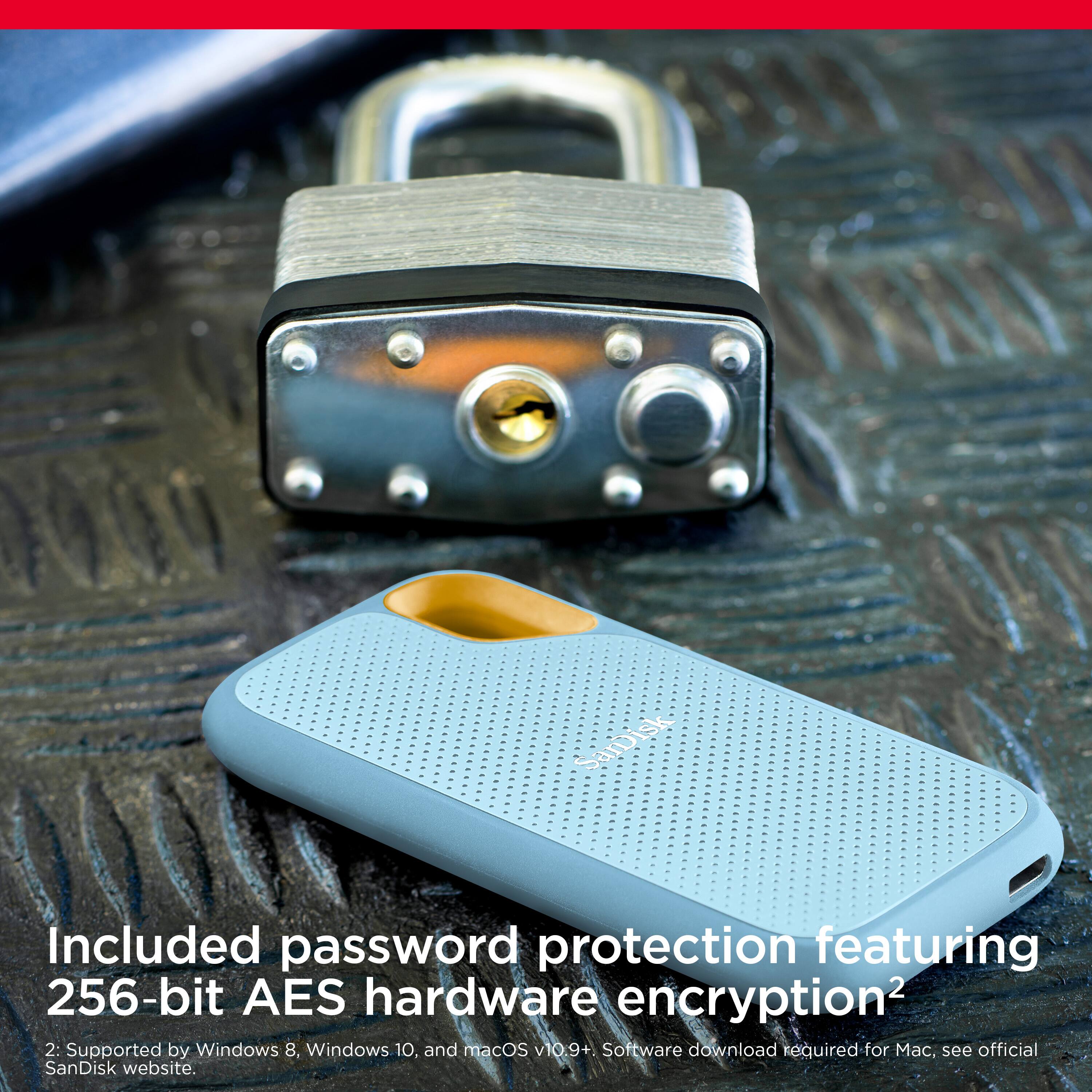 Included password protection featuring 256-bit AES hardware encryption. Supported by Windows 8, Windows 10, and macOS VIO 9+. Software download required for use, see official SanDisk website.