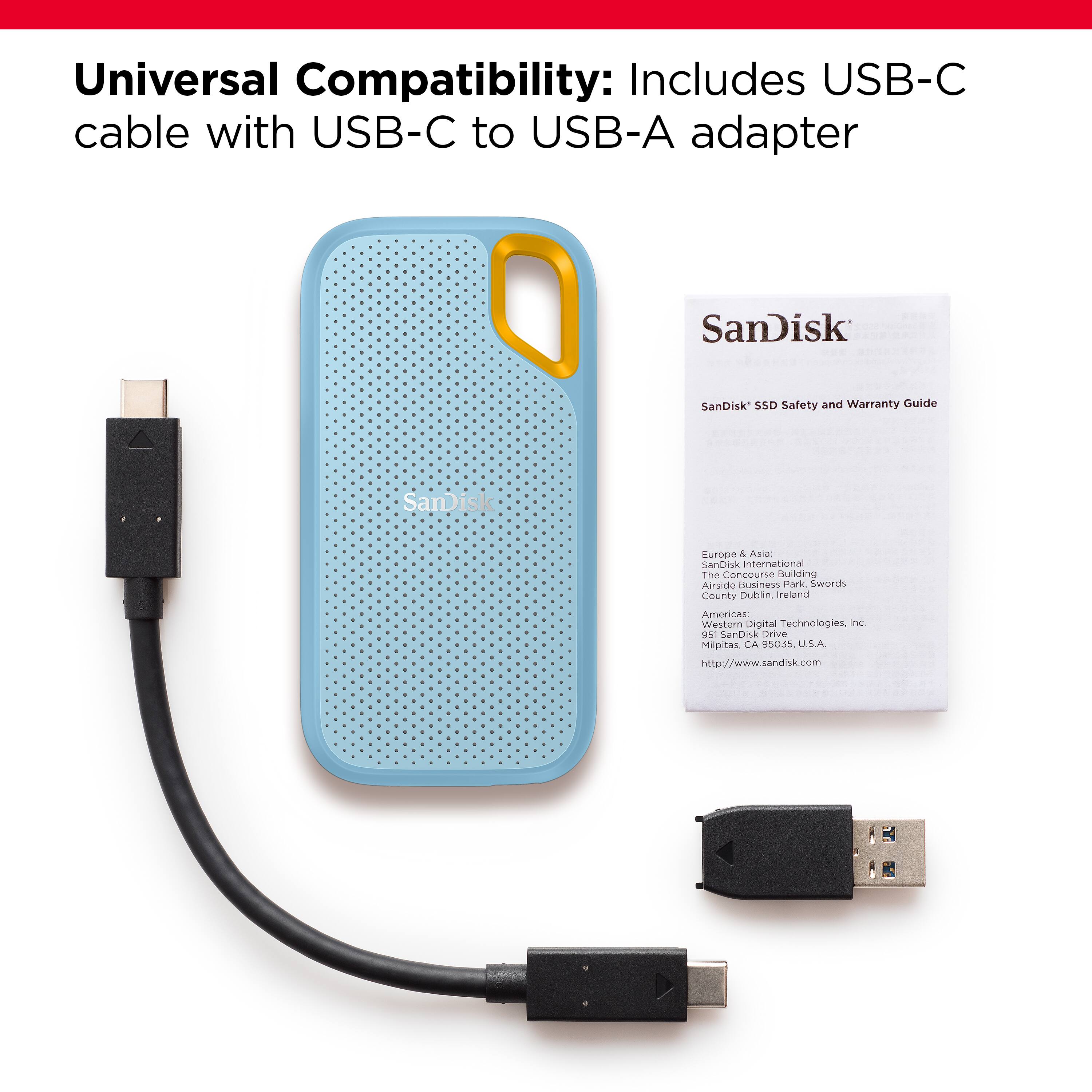 Universal Compatibility: Includes USB-C cable with USB-C to USB-A adapter. SanDisk SanDisk SSD Safety and Warranty Guide. SanDisk Europe & Asia: SanDisk International. The Concourse Building, Airside Business Park, Swords County Dublin, Ireland. Americas Western Digital Technologies Inc. 951 SanDisk Drive, Fremont, CA 95137. U.S.A. <http://www.sandisk.com>.