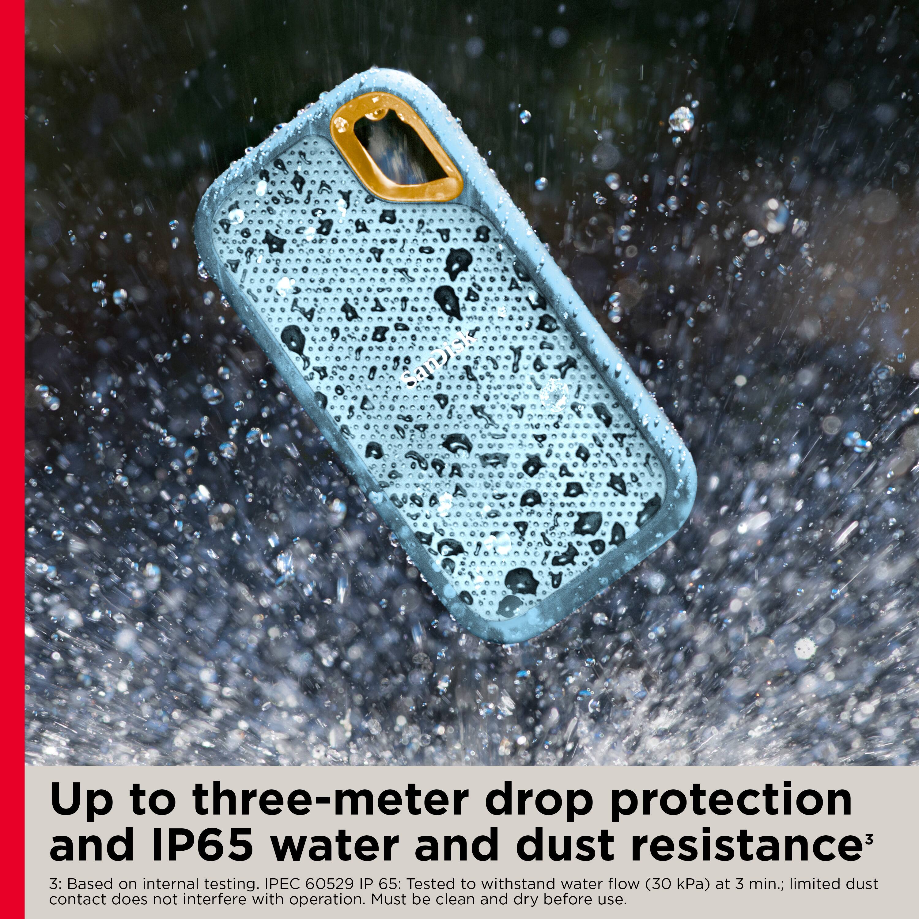The image features a blue cell phone with a water drop protection and IP65 water and dust resistance. The phone is shown being dropped into water, and it is advertised as having up to three-meter drop protection. The image also includes a tagline that reads "Up to three-meter drop protection and IP65 water and dust resistance."