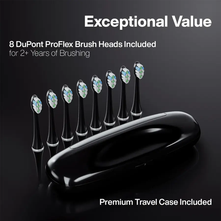 Exceptional Value: 8 DuPont ProFlex Brush Heads Included for 2+ Years of Brushing. Premium Travel Case Included.