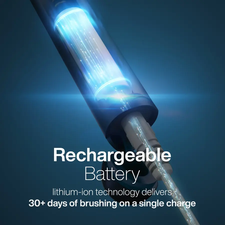 Rechargeable Battery: Lithium-ion technology delivers 30+ days of brushing on a single charge.