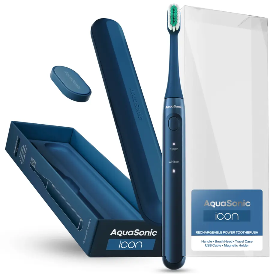 The text on the image reads: "AquaSonic AquaSonic clean whiten Demign counact AquaSonic icon RECHARGEABLE POWER TOOTHBRUSH Handle Brush Head Travel Case USB Cable Magnetic Holder".