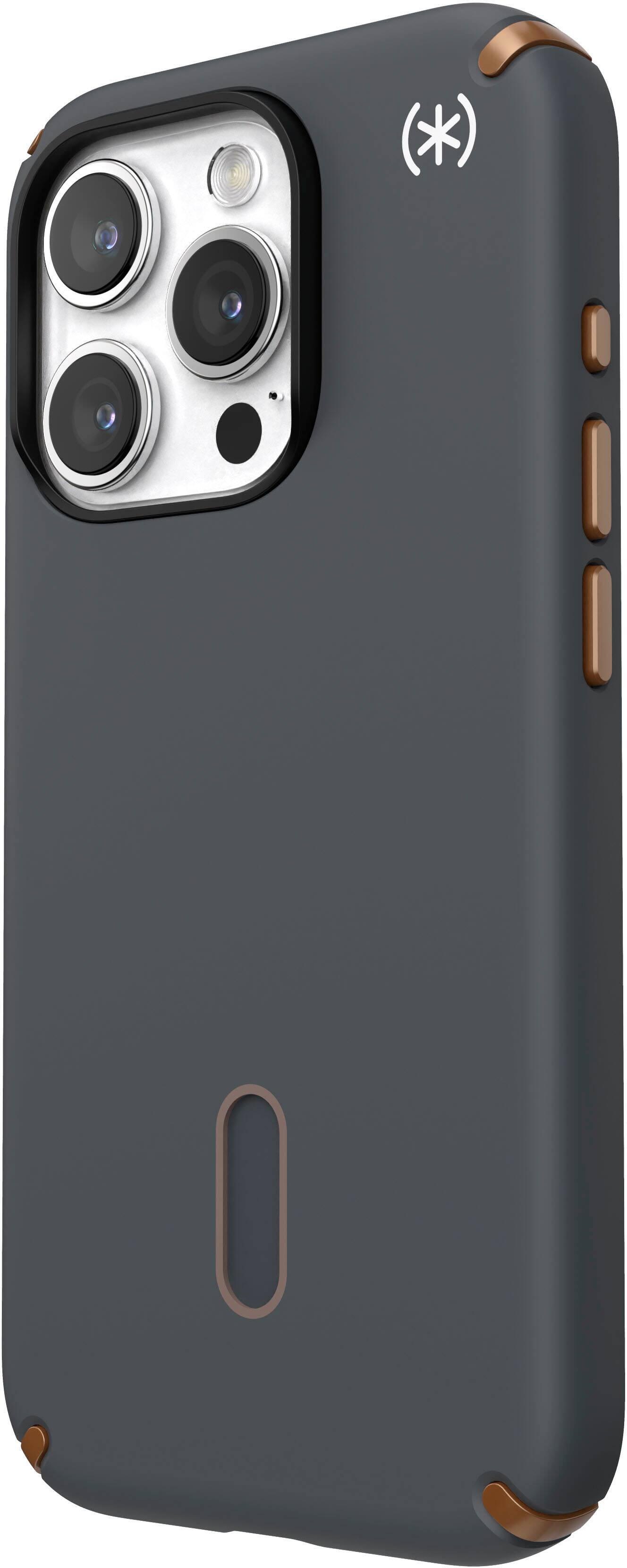 Left. Speck - Presidio2 Pro ClickLock Case with Magsafe for Apple iPhone 15 Pro - Charcoal/Cool Bronze.