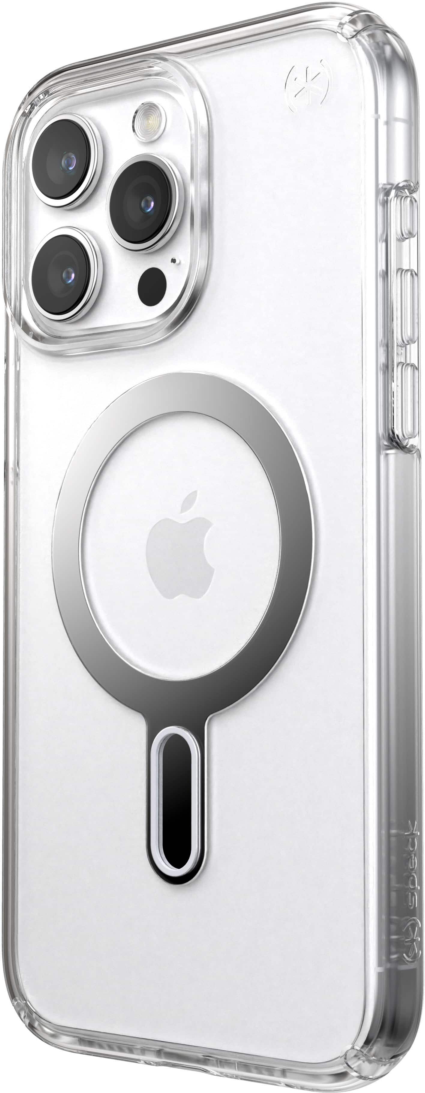 Left. Speck - Presidio Perfect-Clear ClickLock Case with MagSafe for Apple iPhone 15 Pro Max - Clear/Chrome.