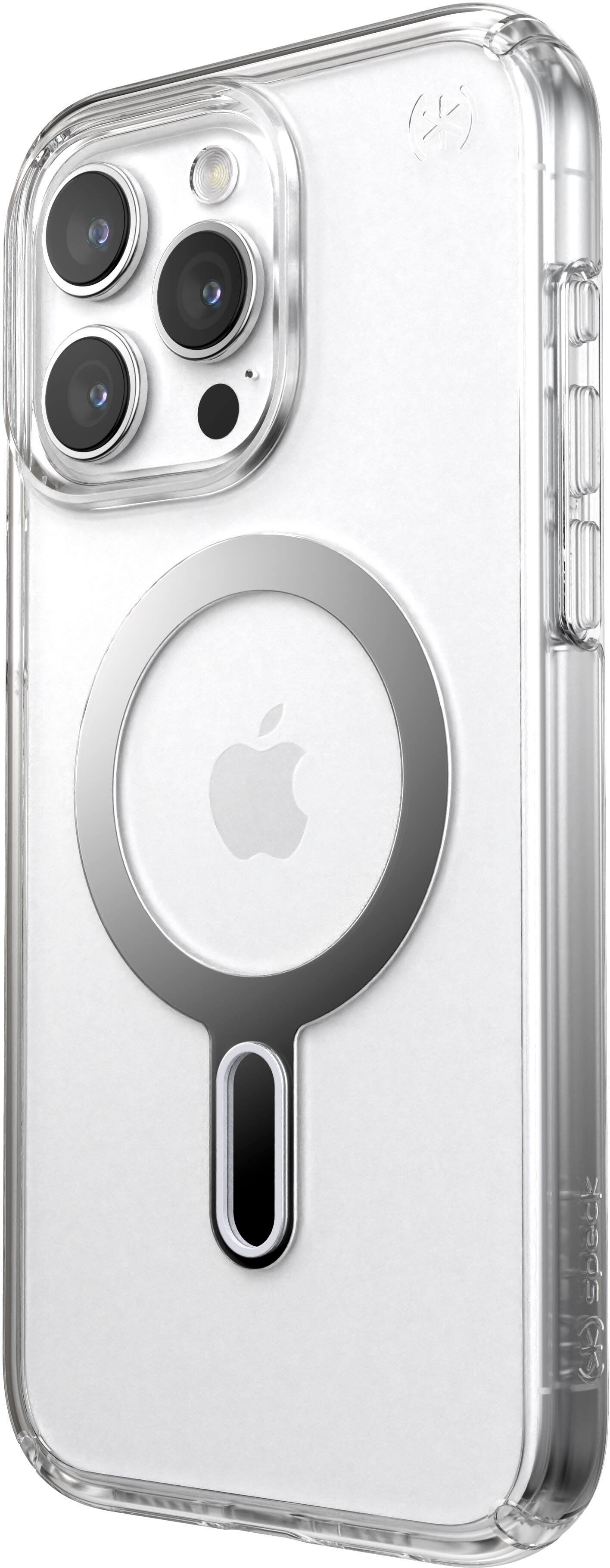 Left. Speck - Presidio Perfect-Clear ClickLock Case with MagSafe for Apple iPhone 15 Pro Max - Clear/Chrome.