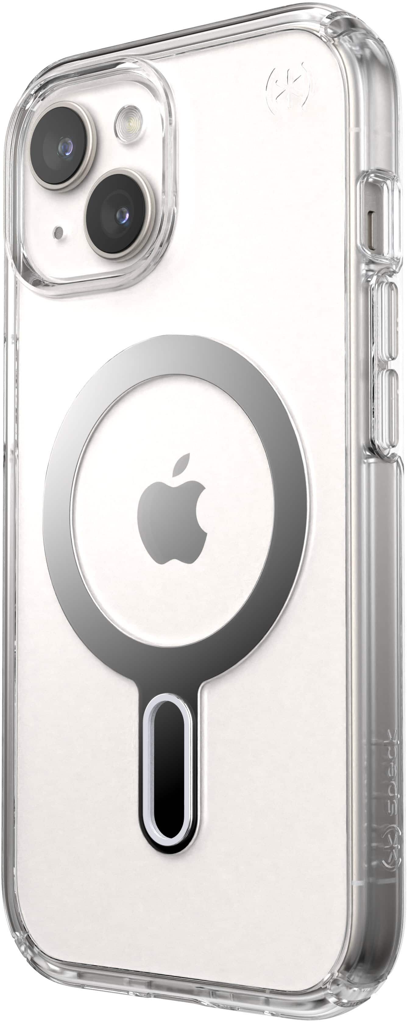 Left. Speck - Presidio Perfect-Clear ClickLock Case with MagSafe for Apple iPhone 15/14/13 - Clear/Chrome.