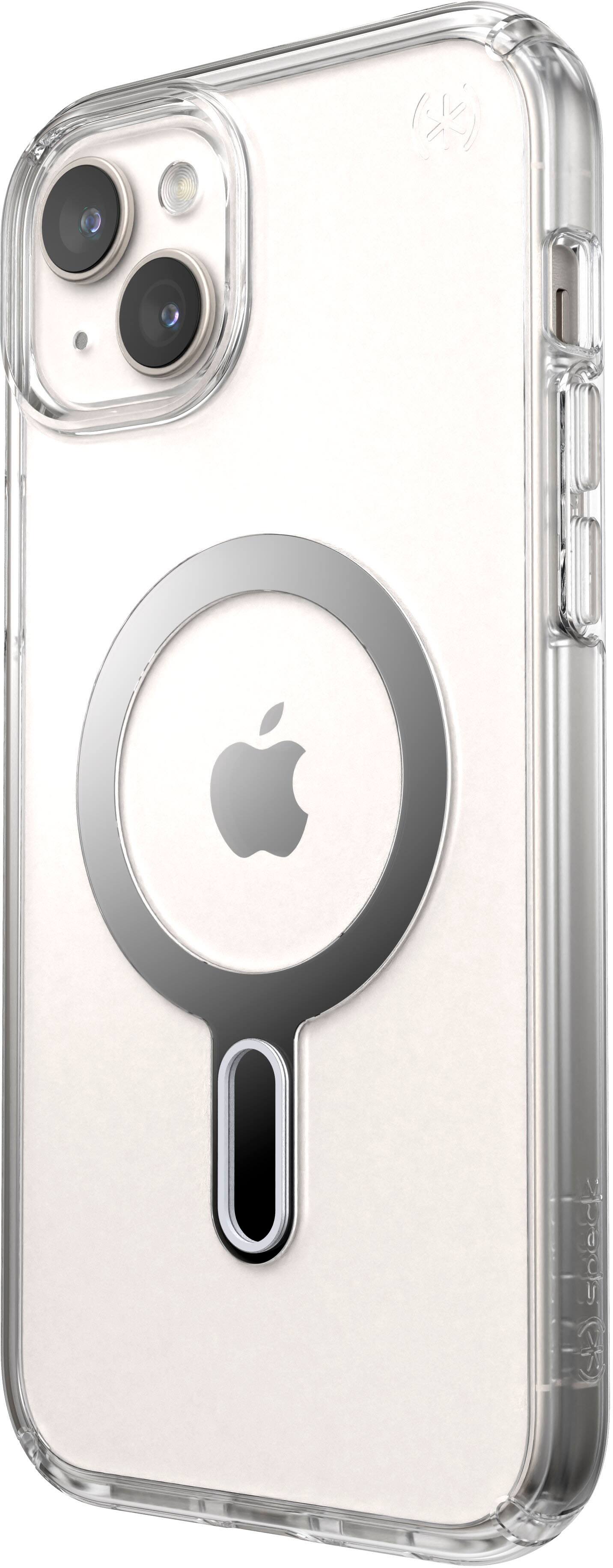 Left. Speck - Presidio Perfect-Clear ClickLock Case with MagSafe for Apple iPhone 15 Plus/14 Plus - Clear/Chrome.