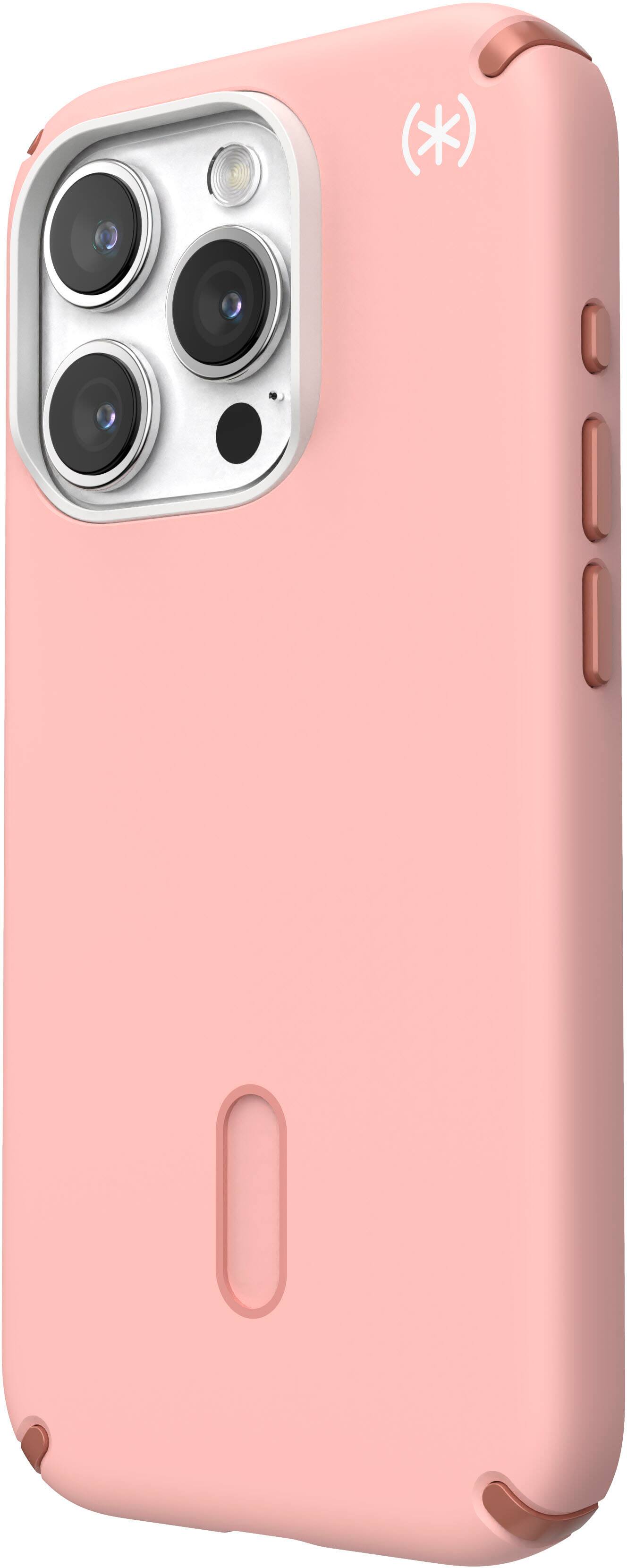 Left. Speck - Presidio2 Pro ClickLock Case with Magsafe for Apple iPhone 15 Pro - Dahlia Pink/Rose Gold.